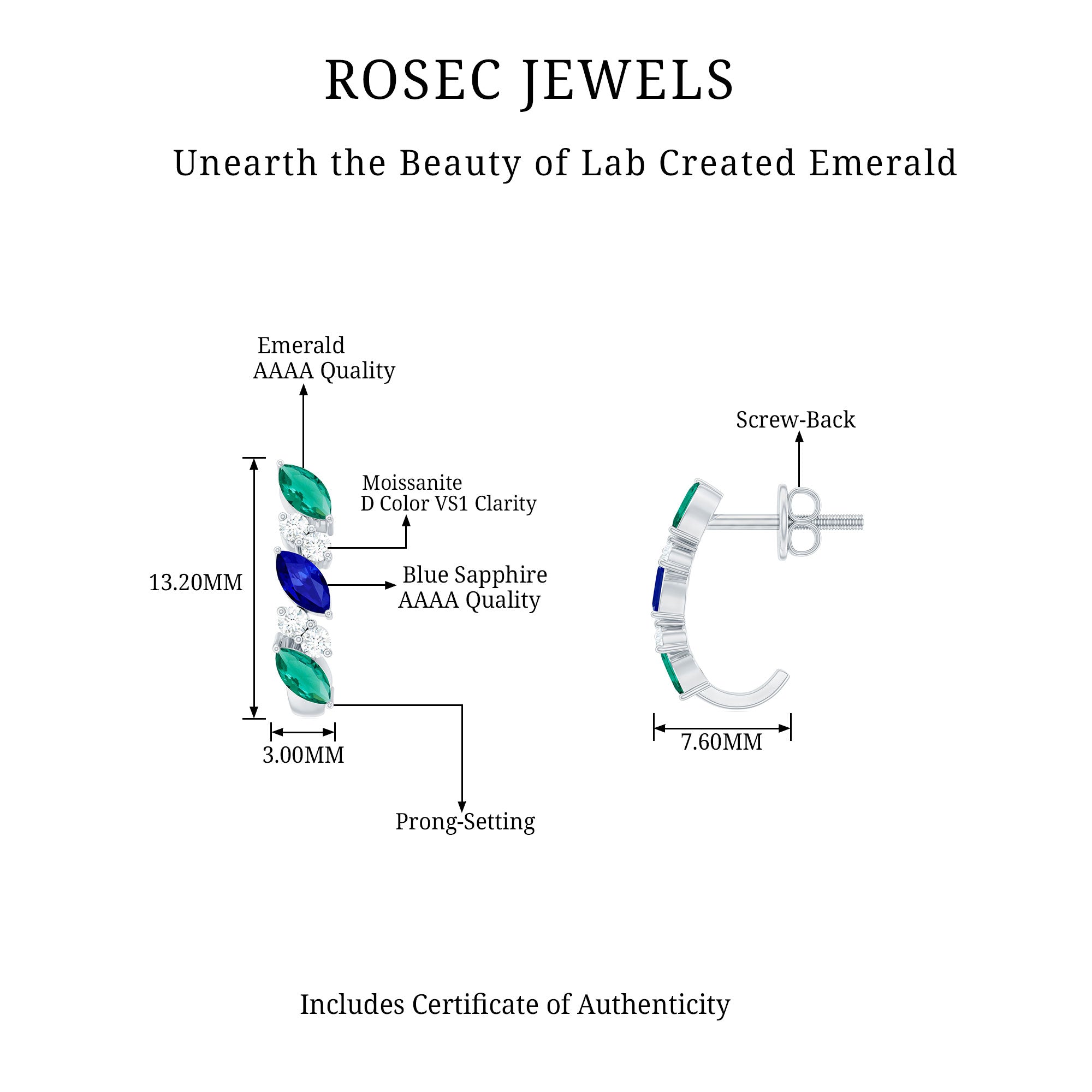 Marquise Cut Created Blue Sapphire and Emerald Silver J Hoop Earrings with Moissanite - Rosec Jewels