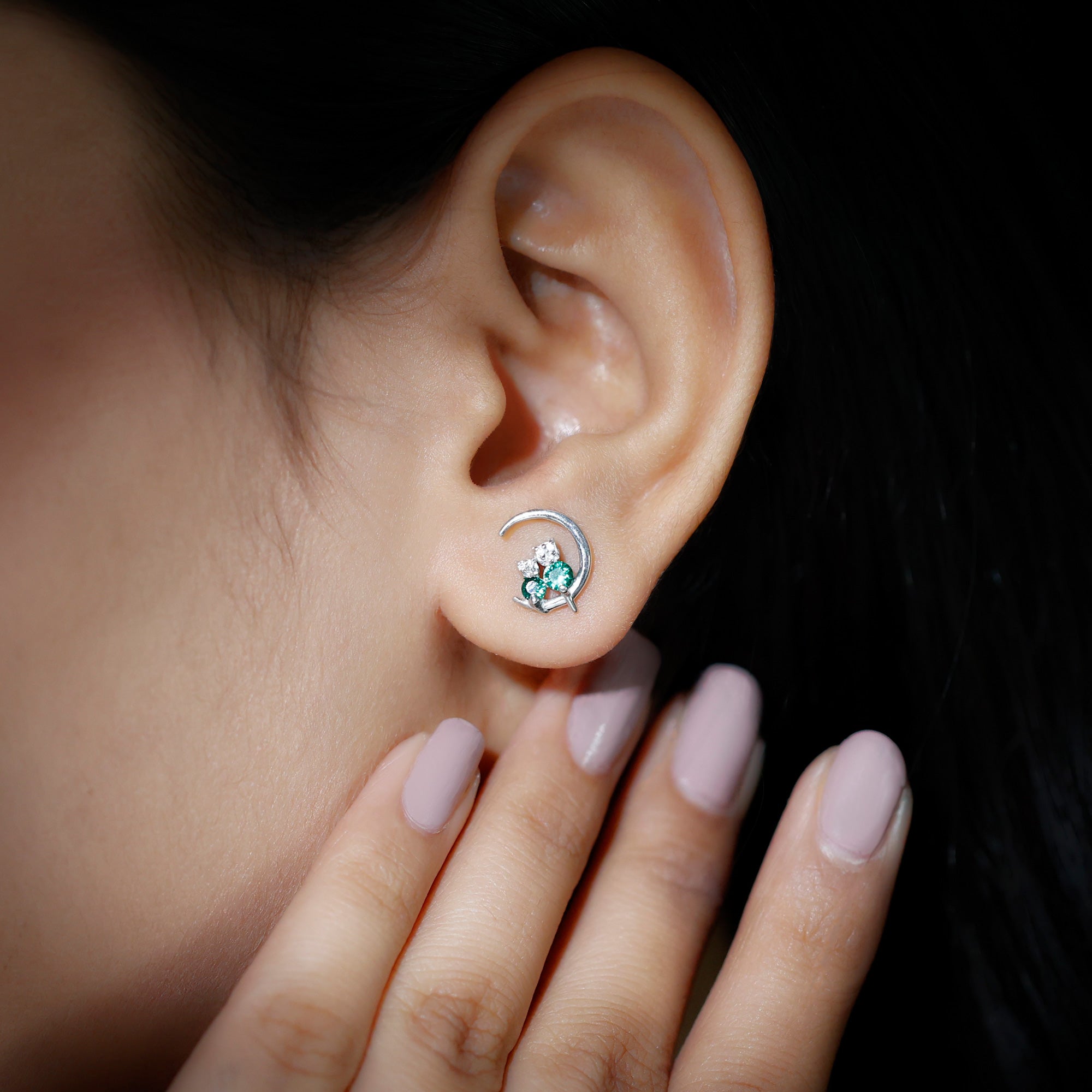 Rosec Jewels-Lab-Created Emerald and Moissanite Cat and Moon Stud Earrings