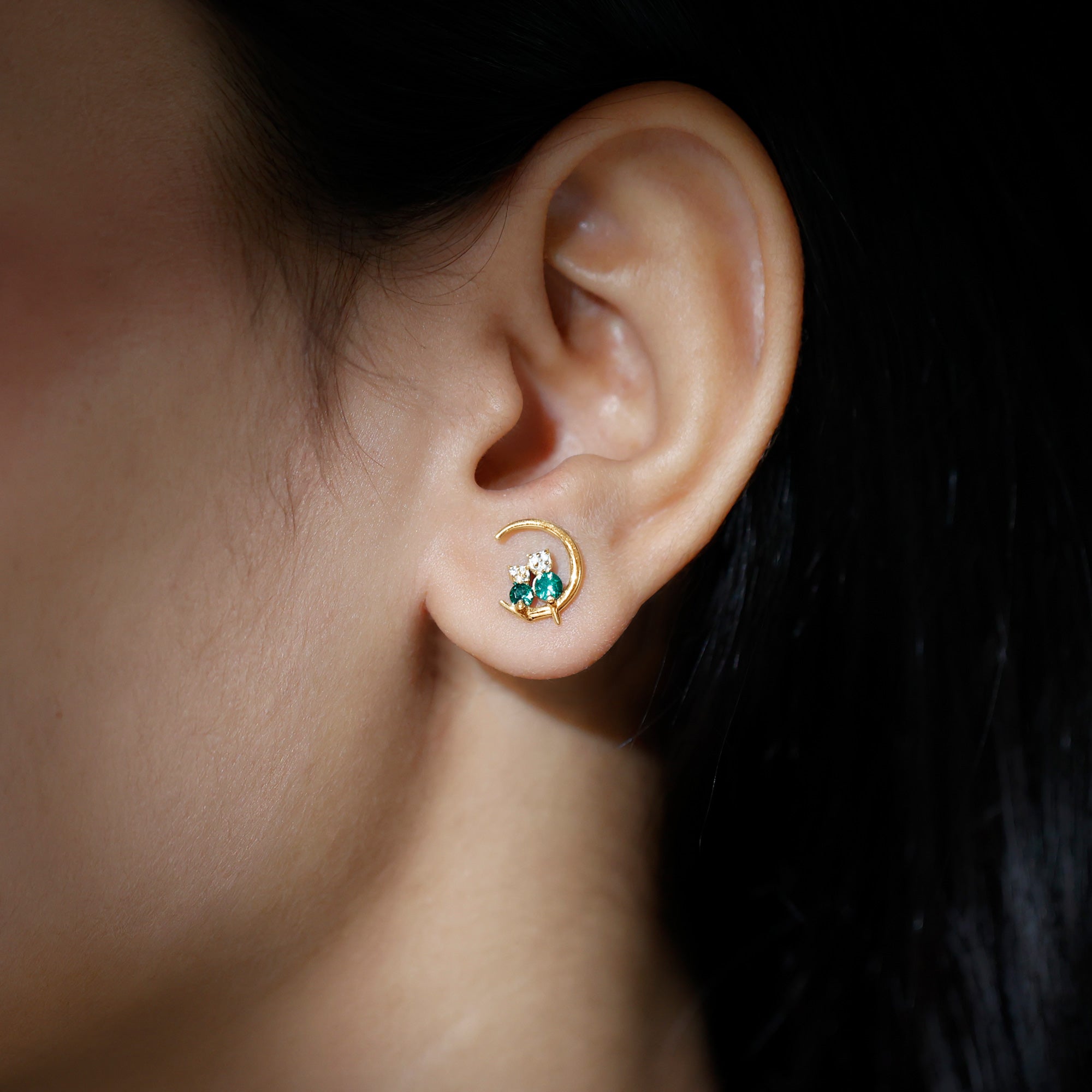 Rosec Jewels-Lab-Created Emerald and Moissanite Cat and Moon Stud Earrings