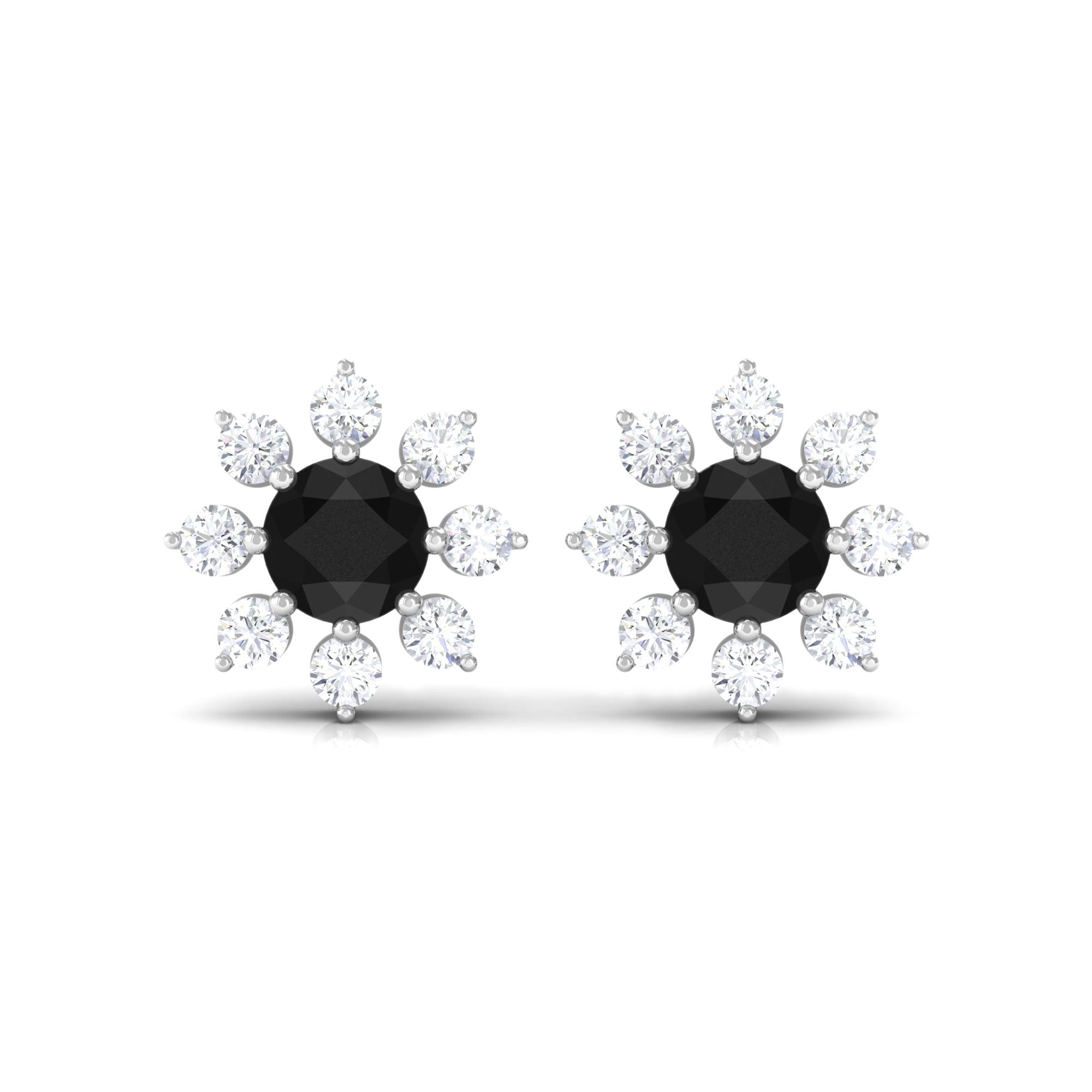 Black and White Diamond Floral Stud Earrings Black Diamond - ( AAA ) - Quality - Rosec Jewels