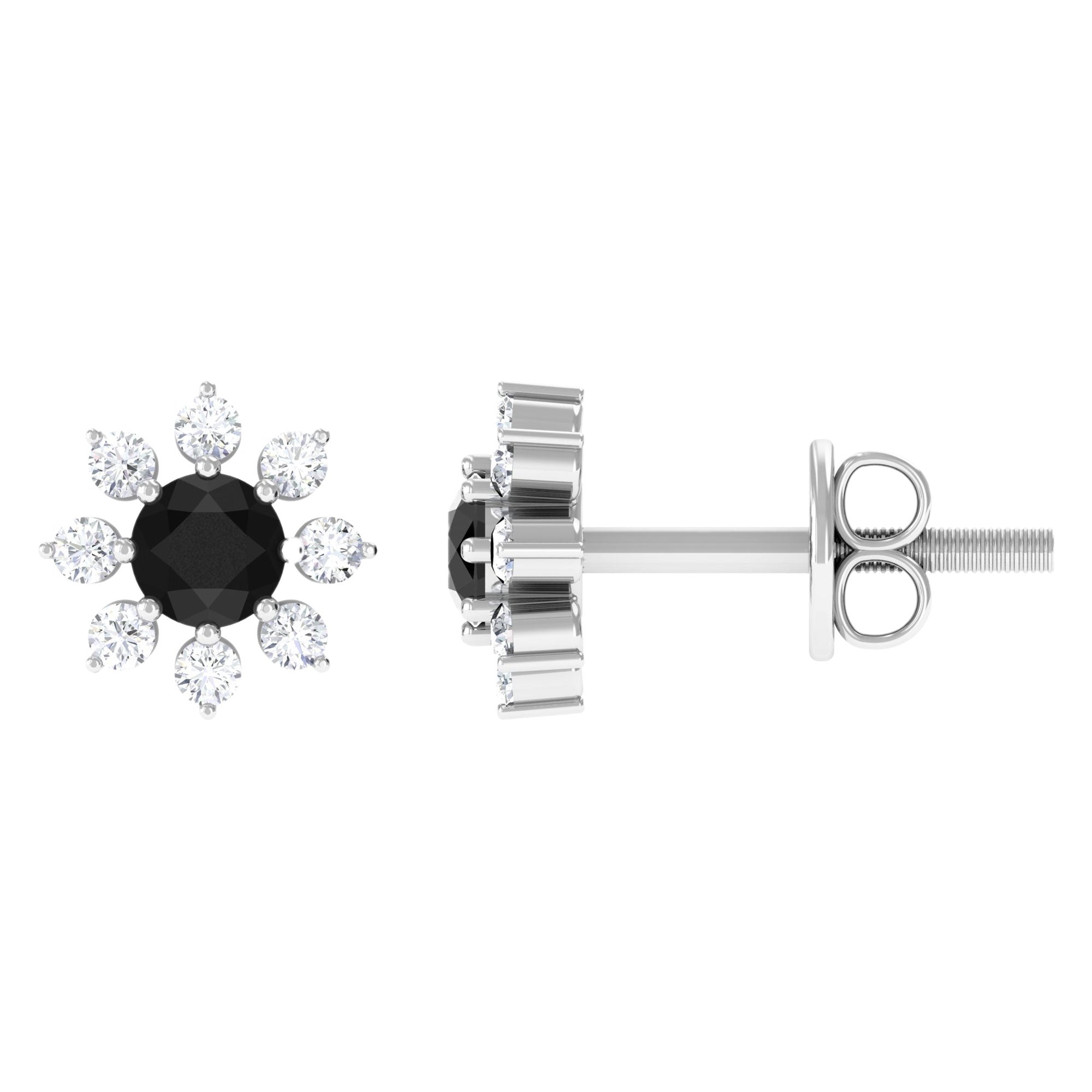 Black and White Diamond Floral Stud Earrings Black Diamond - ( AAA ) - Quality - Rosec Jewels