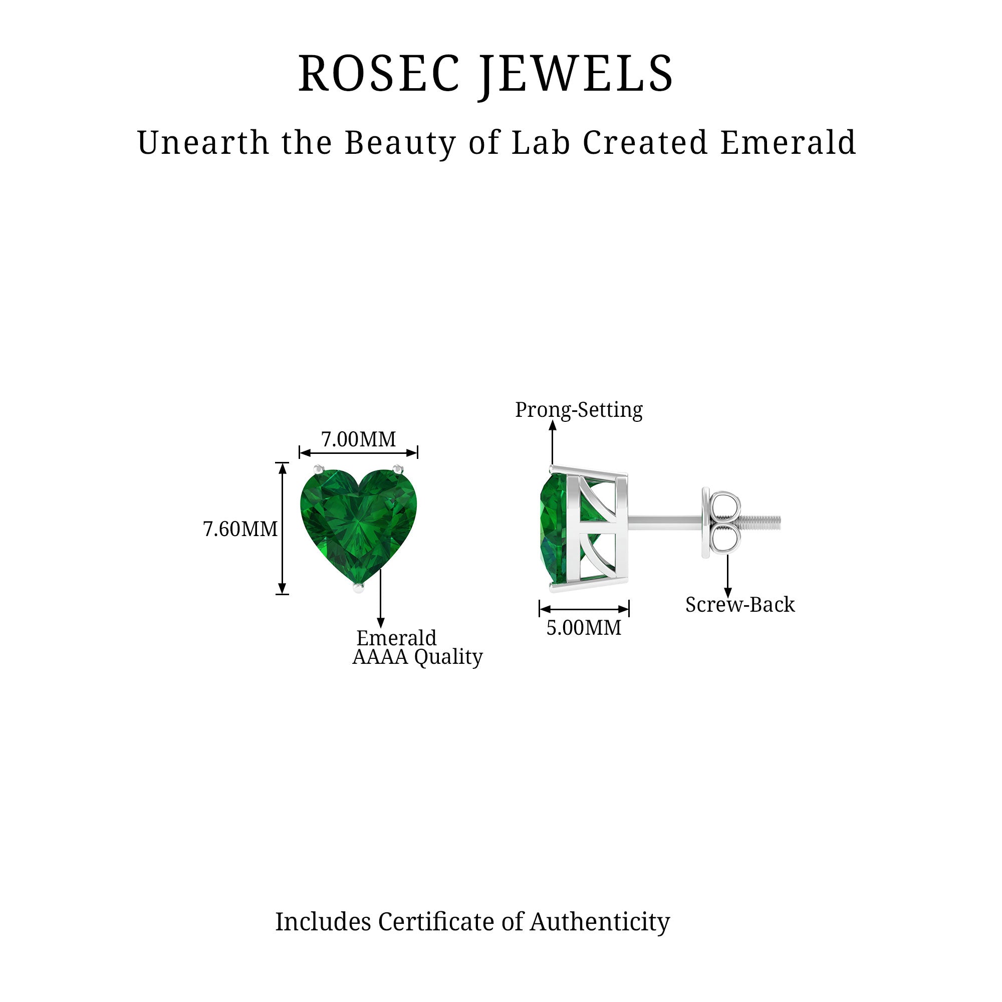 7 MM Heart Shape Created Emerald Solitaire Stud Earrings in Gold Lab Created Emerald - ( AAAA ) - Quality - Rosec Jewels