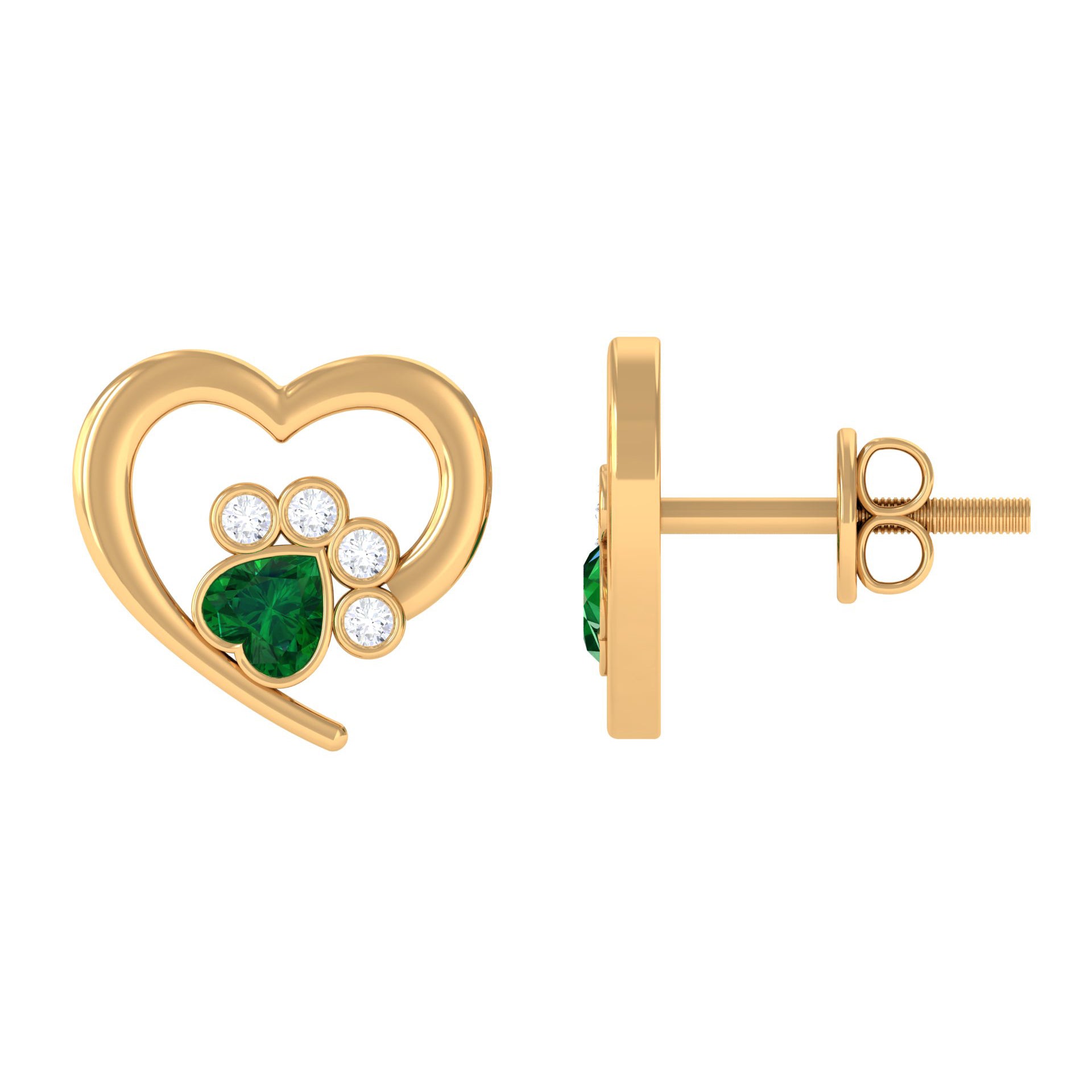 3/4 CT Heart Shape Created Emerald and Diamond Cute Paw Stud Earrings Lab Created Emerald - ( AAAA ) - Quality - Rosec Jewels