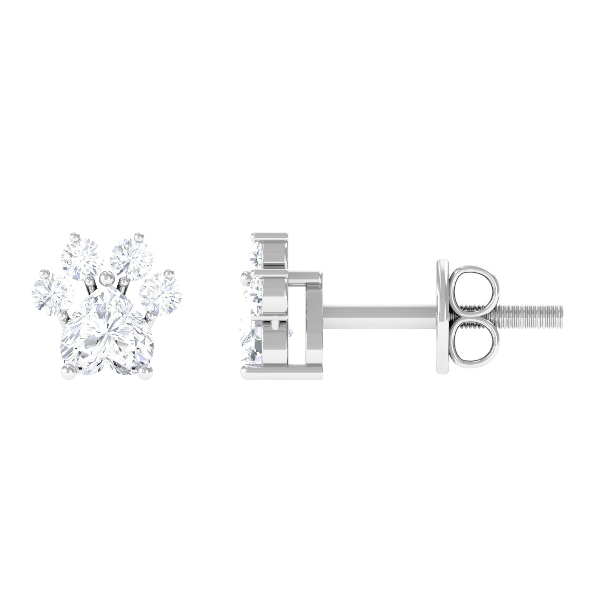 Heart and Round Shape Moissanite Paw Stud Earrings Moissanite - ( D-VS1 ) - Color and Clarity - Rosec Jewels