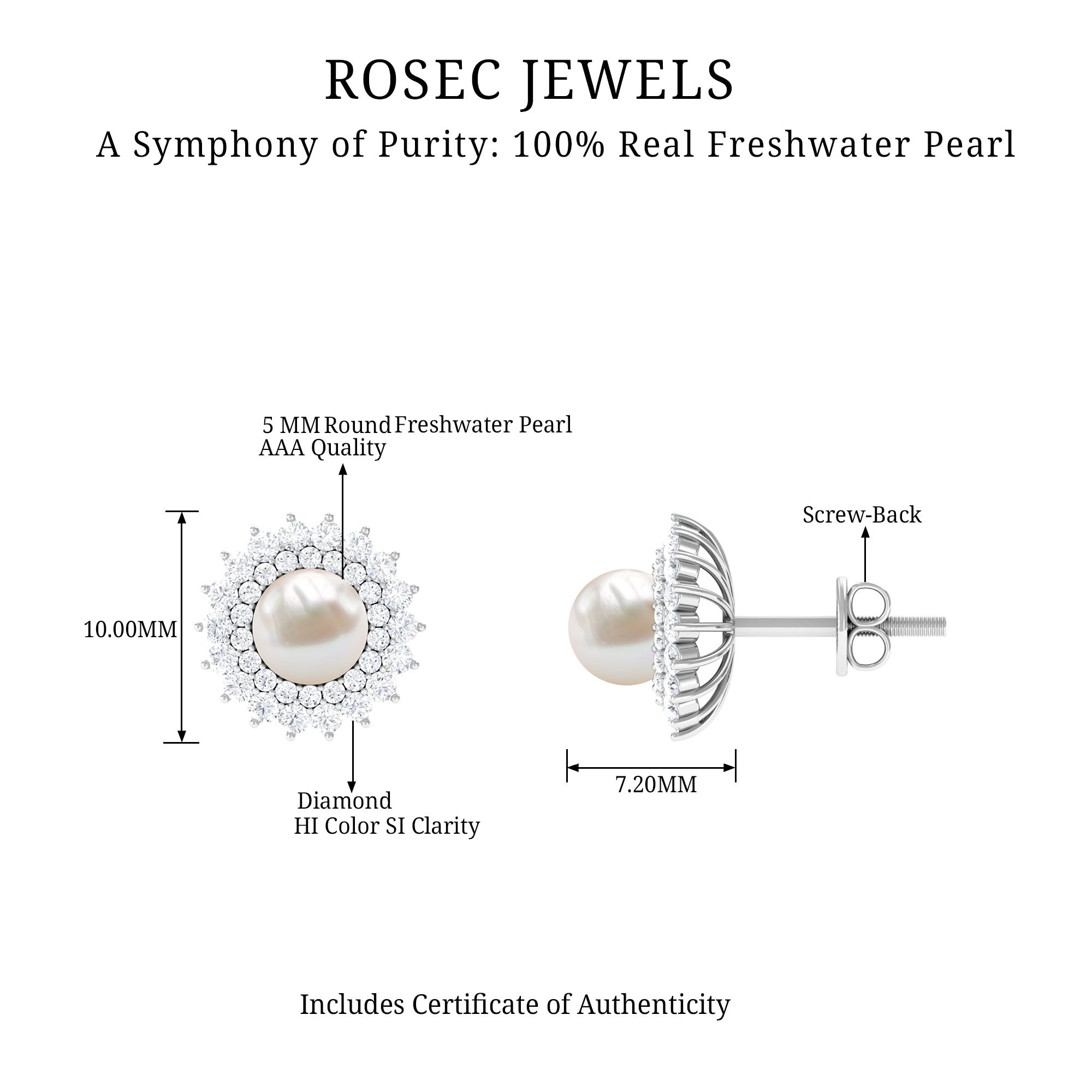 Freshwater Pearl Stud Earrings with Diamond Double Halo Freshwater Pearl - ( AAA ) - Quality - Rosec Jewels