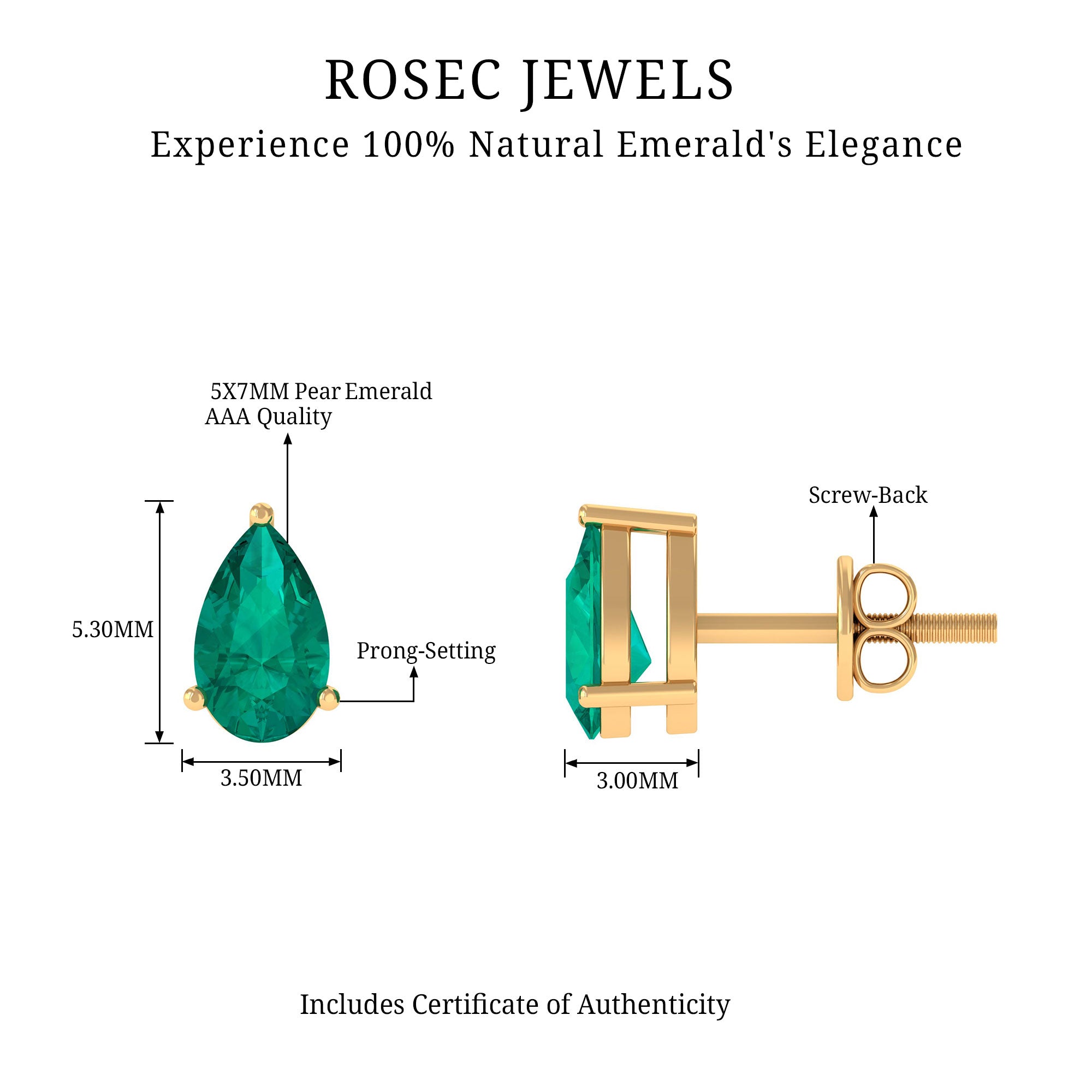 1.25 CT Pear Cut Solitaire Emerald Stud Earring in Gold Emerald - ( AAA ) - Quality - Rosec Jewels