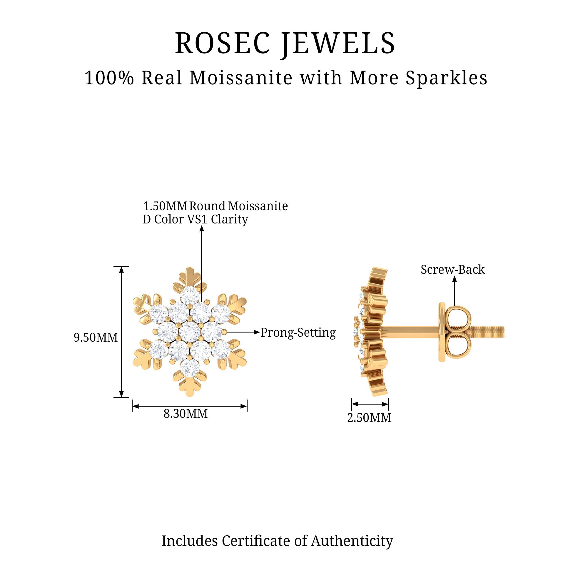 Certified Moissanite Snowflake Stud Earrings Moissanite - ( D-VS1 ) - Color and Clarity - Rosec Jewels