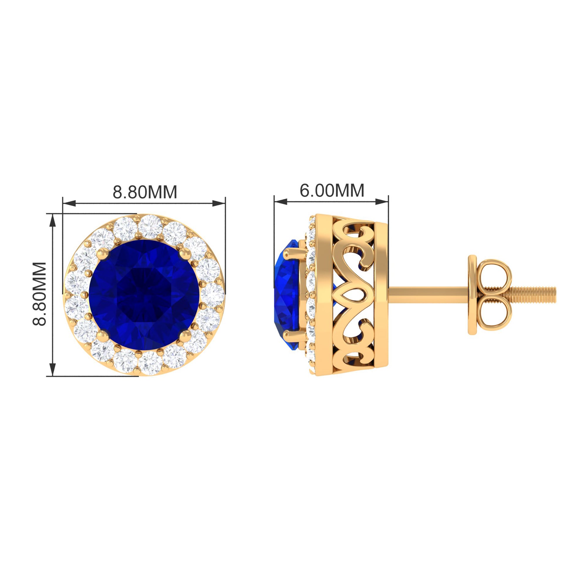 Created Blue Sapphire and Diamond Classic Halo Stud Earrings Lab Created Blue Sapphire - ( AAAA ) - Quality - Rosec Jewels