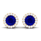 Created Blue Sapphire and Diamond Classic Halo Stud Earrings Lab Created Blue Sapphire - ( AAAA ) - Quality - Rosec Jewels