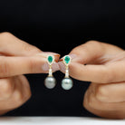 Tahitian Pearl and Created Emerald Drop Earrings with Moissanite Lab Created Emerald - ( AAAA ) - Quality - Rosec Jewels