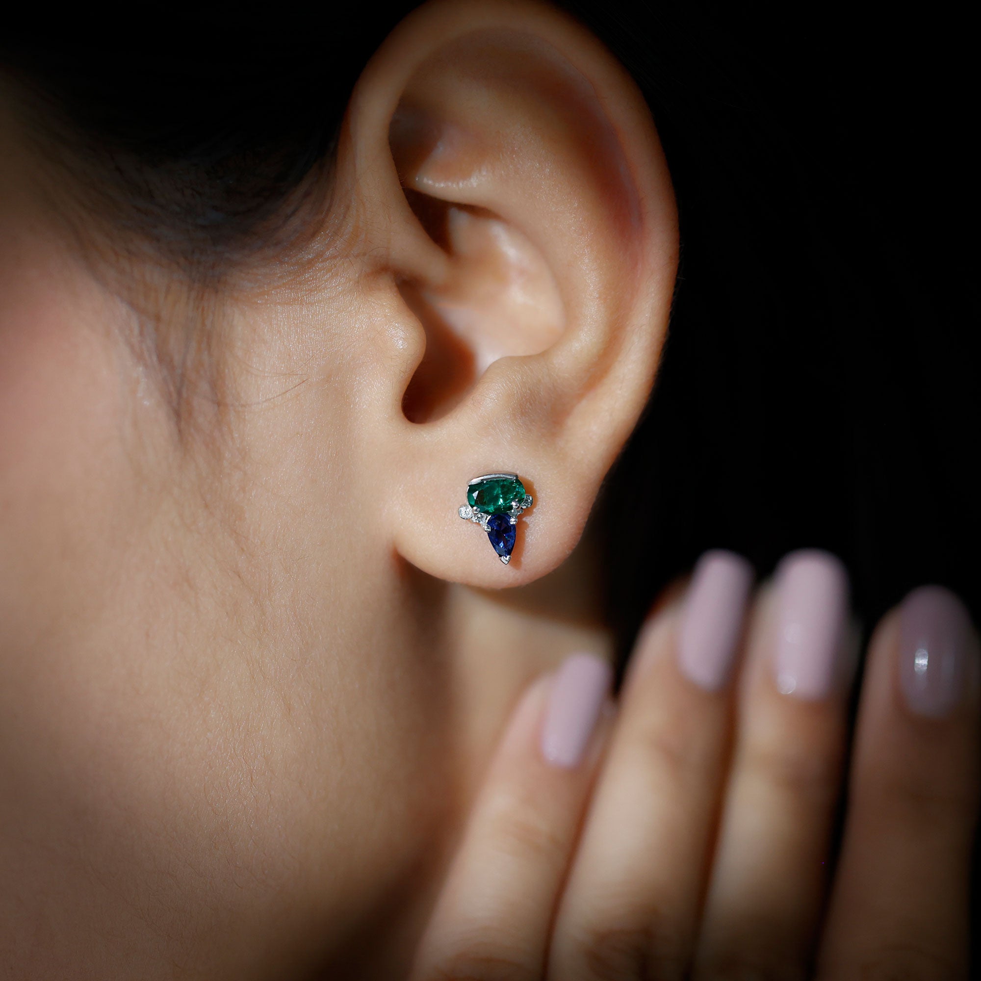 Created Emerald and Created Blue Sapphire Silver Cluster Stud Earring with Moissanite Lab Created Blue Sapphire - ( AAAA ) - Quality 92.5 Sterling Silver - Rosec Jewels