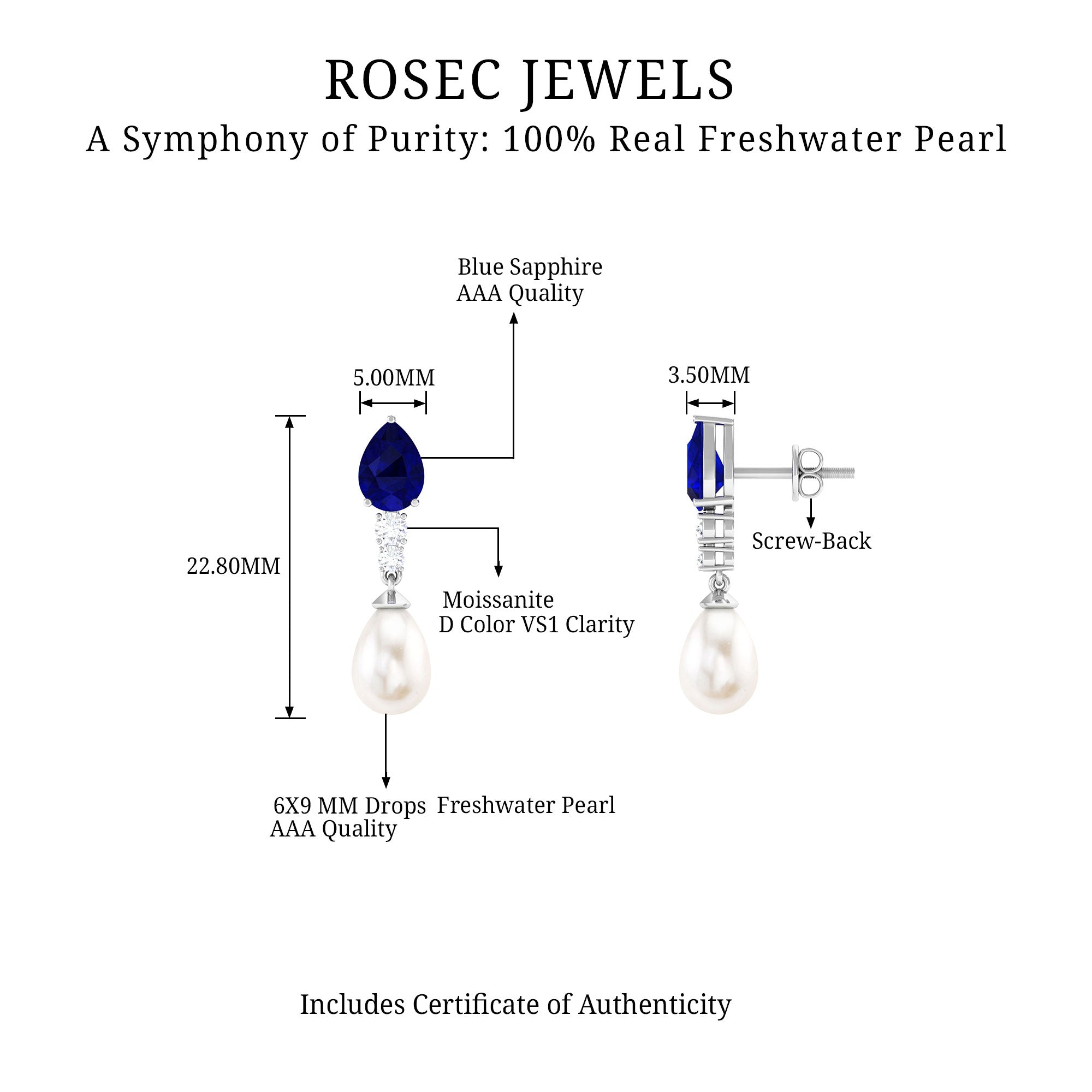 7.5 CT Blue Sapphire And Freshwater Pearl Dangle Earrings with Moissanite Blue Sapphire - ( AAA ) - Quality - Rosec Jewels