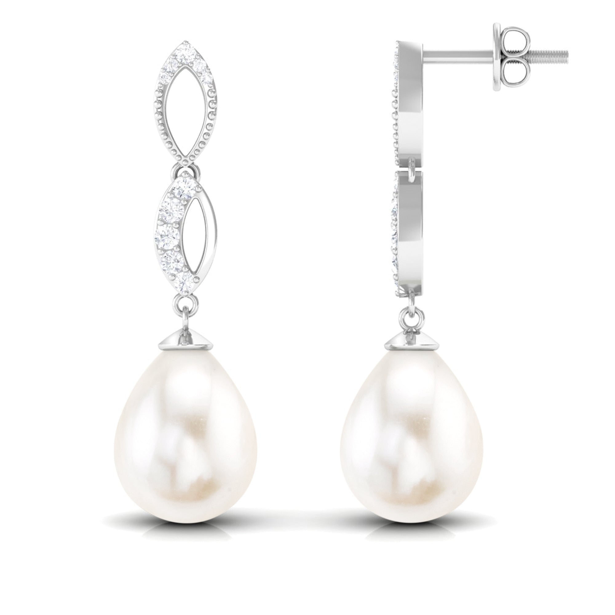 Freshwater Pearl and Diamond Infinity Drop Earrings Freshwater Pearl - ( AAA ) - Quality - Rosec Jewels