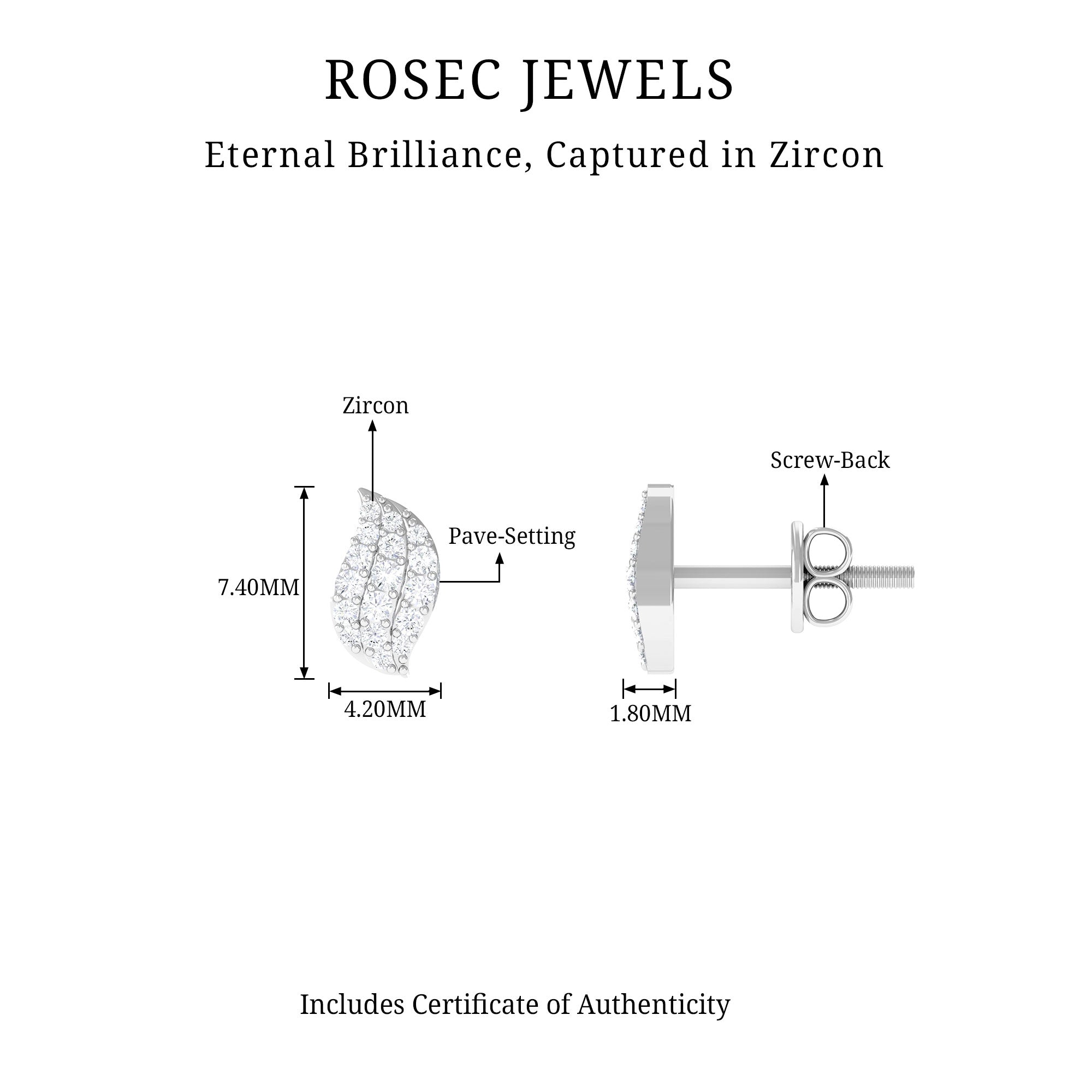 1/4 CT Zircon Gold Leaf Stud Earrings in Pave Setting Zircon - ( AAAA ) - Quality - Rosec Jewels