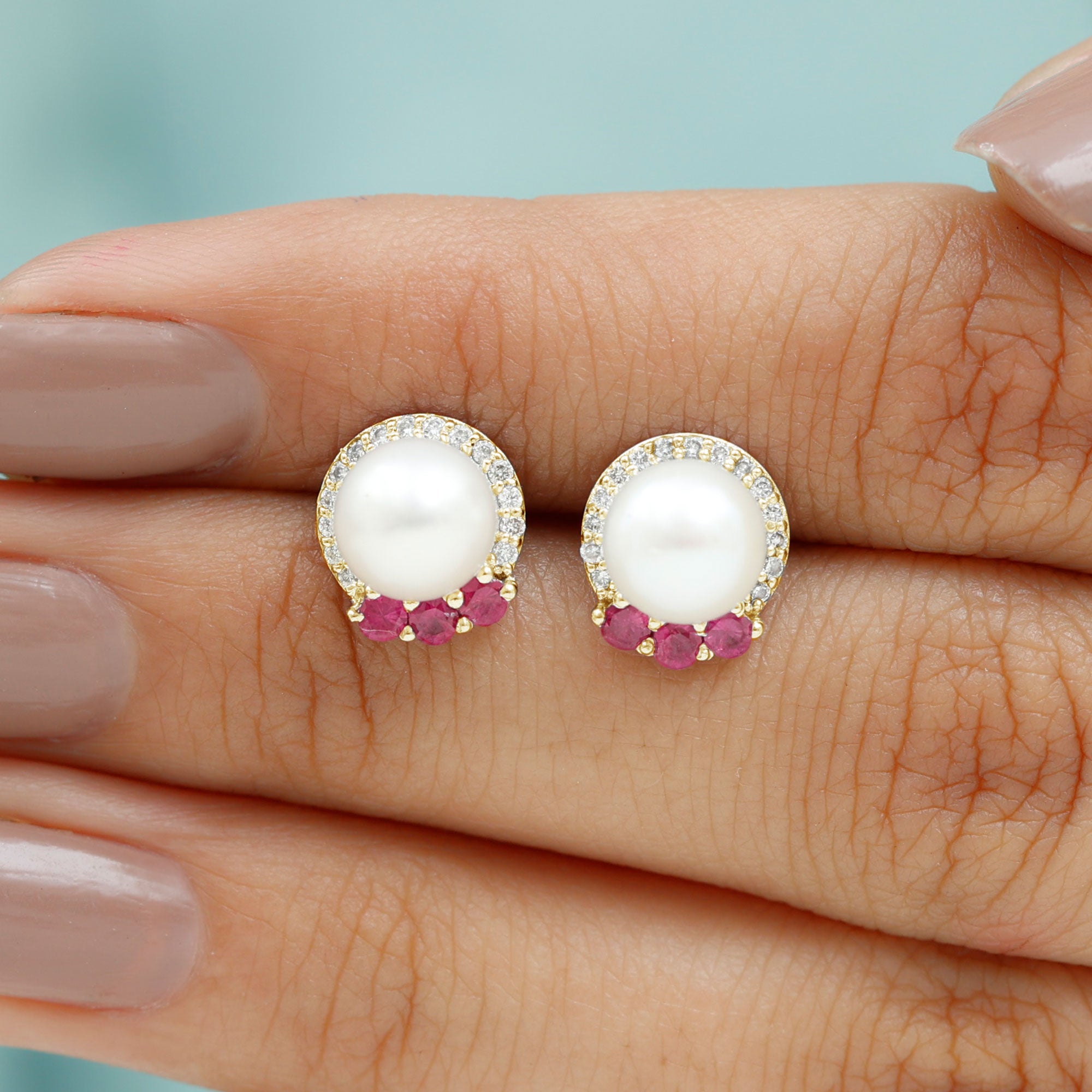 Freshwater Pearl and Ruby Stud Earrings with Diamond Halo Freshwater Pearl - ( AAA ) - Quality - Rosec Jewels