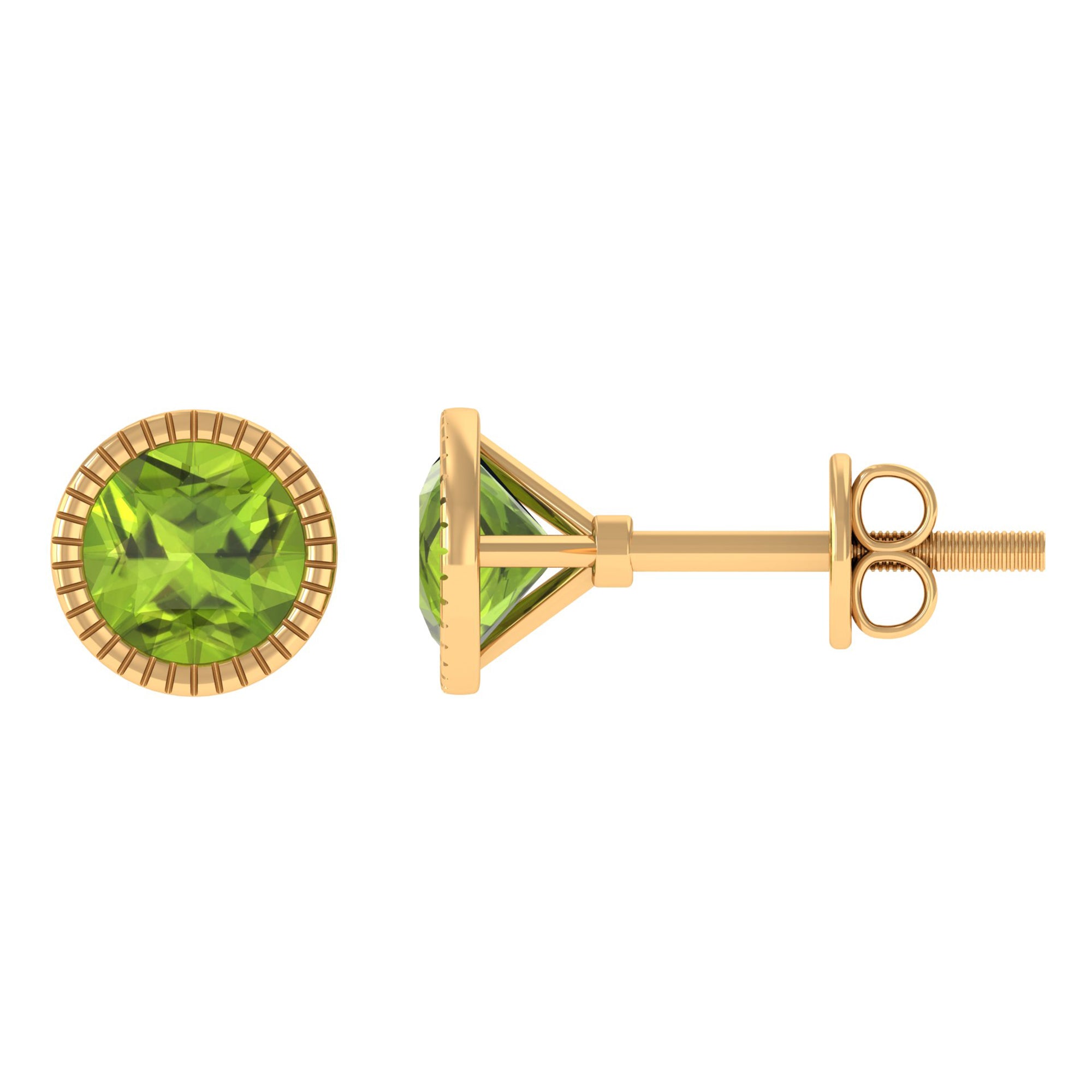 Round Peridot Solitaire Stud Earrings in Bezel Setting Peridot - ( AAA ) - Quality - Rosec Jewels