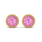 Engraved Bezel Set Pink Tourmaline Gold Solitaire Stud Earring Pink Tourmaline - ( AAA ) - Quality - Rosec Jewels