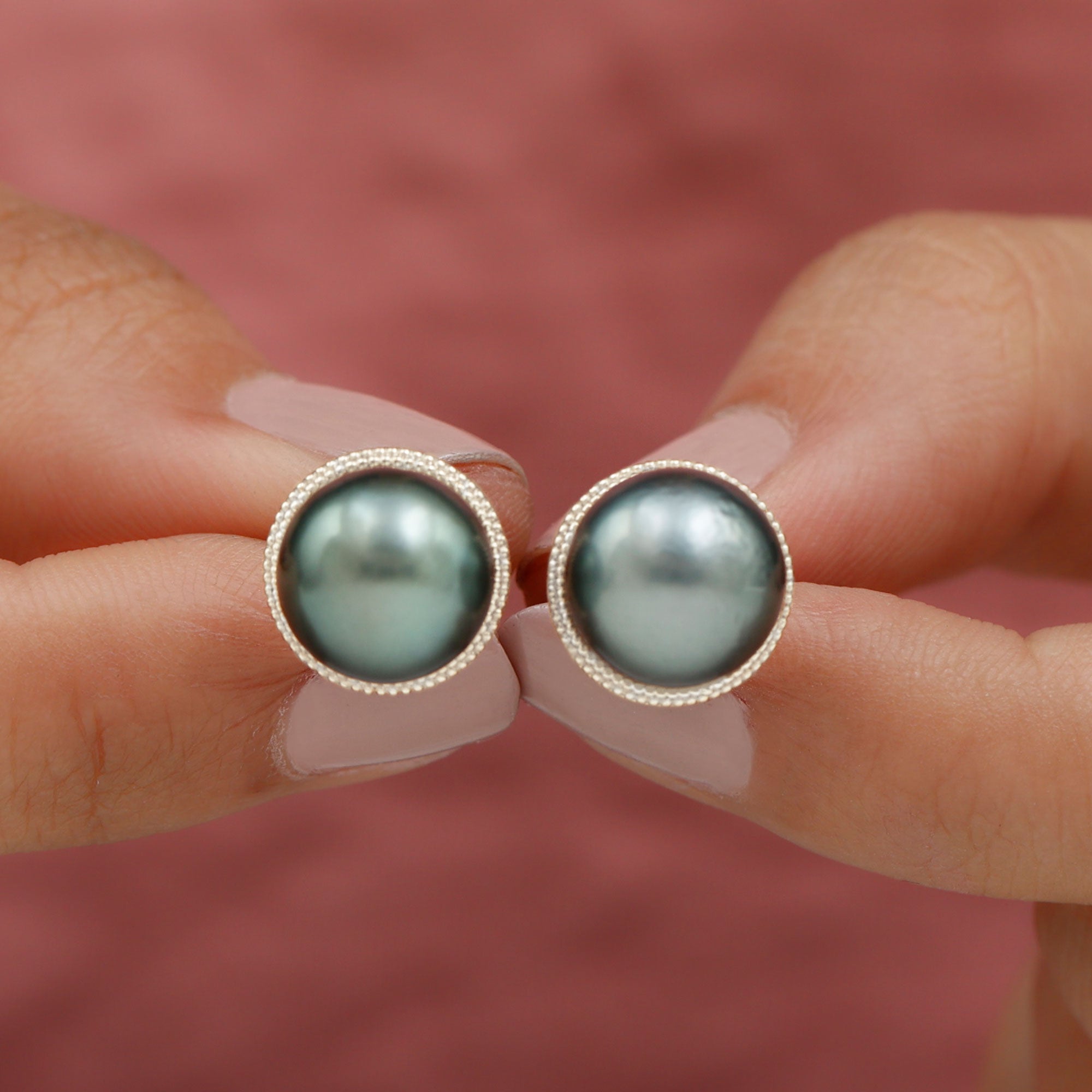 Beaded Bezel Set Tahitian Pearl Solitaire Gold Stud Earring Tahitian pearl - ( AAA ) - Quality - Rosec Jewels