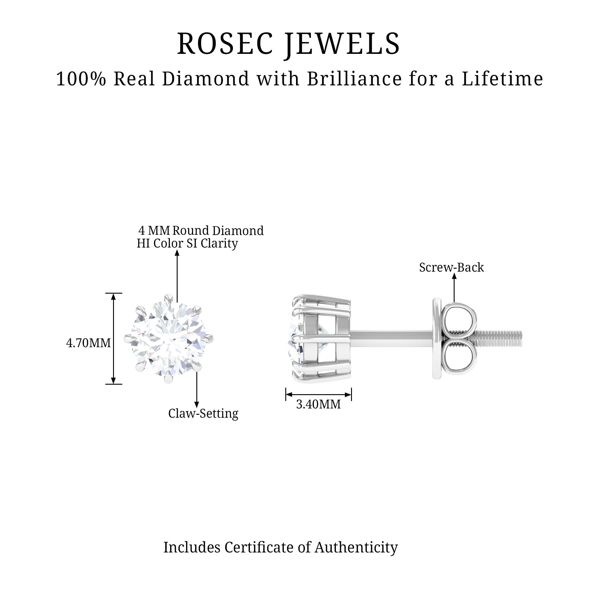 4 MM Natural Diamond Solitaire Stud Earrings in 8 Claw Prong Setting Diamond - ( HI-SI ) - Color and Clarity - Rosec Jewels