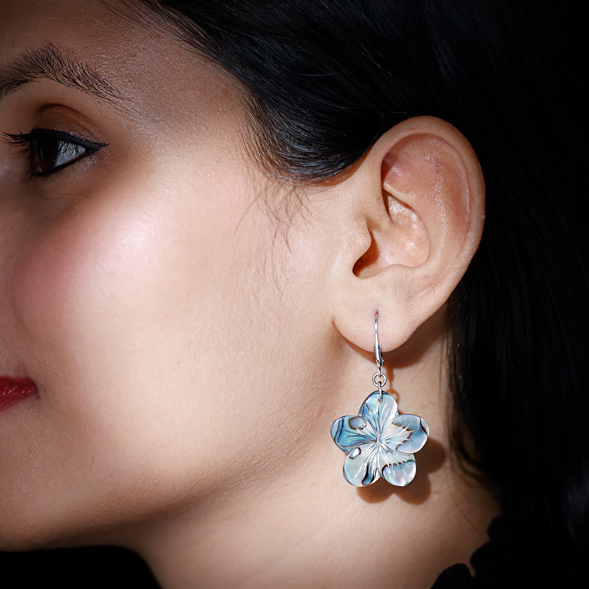 Mother of Pearl Hibiscus Flower Drop Earrings - Rosec Jewels