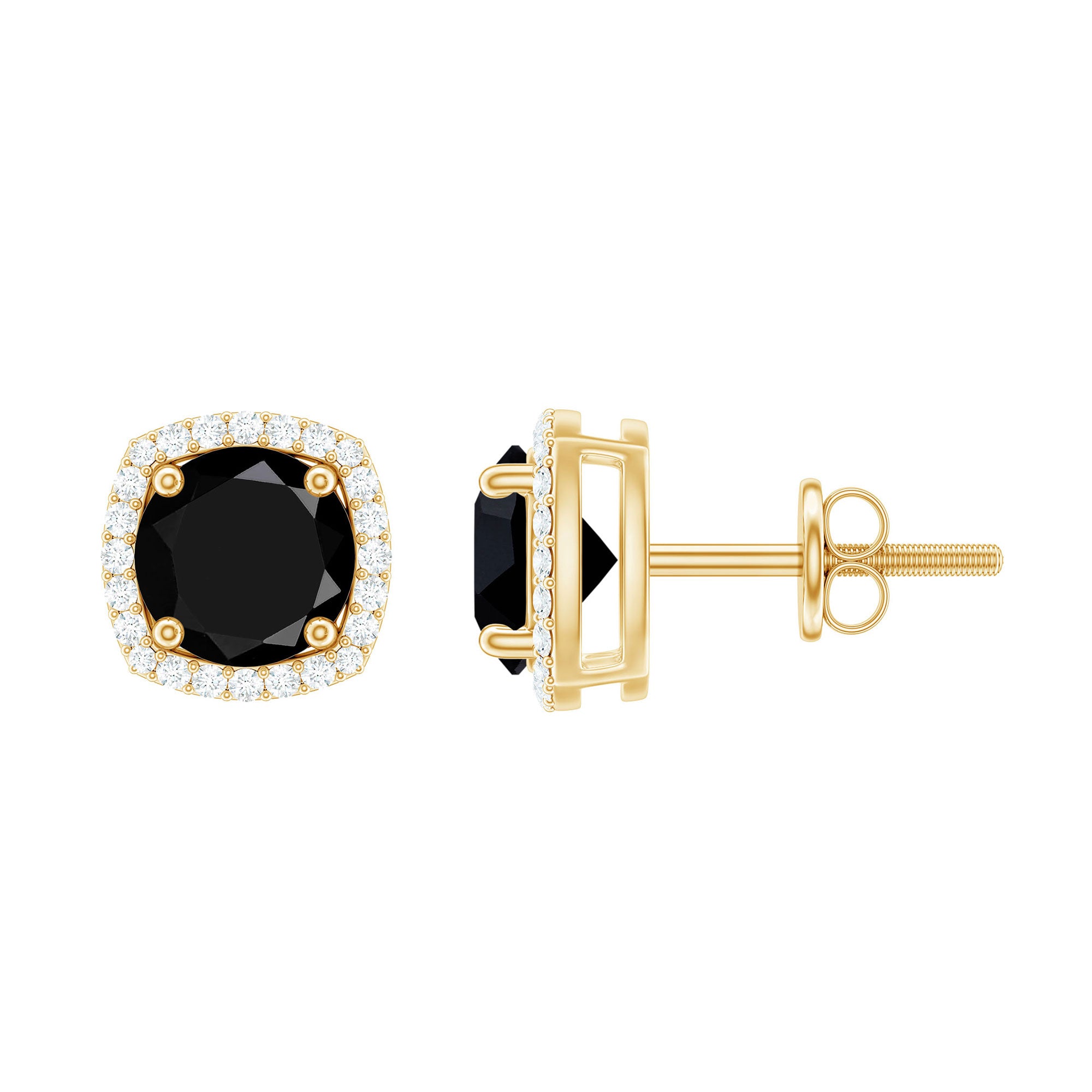 6 MM Black Spinel Stud Earrings with Diamond Halo Black Spinel - ( AAA ) - Quality - Rosec Jewels