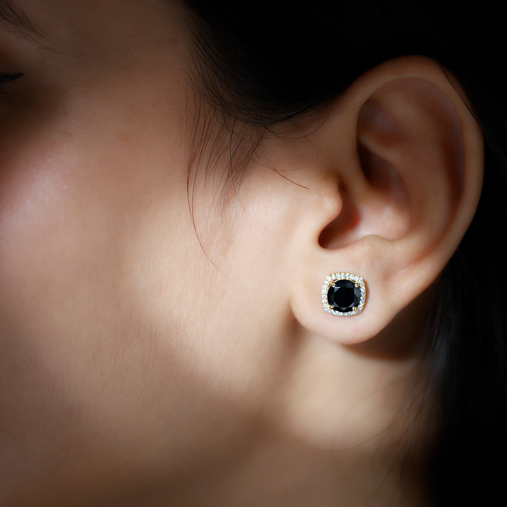 6 MM Black Spinel Stud Earrings with Diamond Halo Black Spinel - ( AAA ) - Quality - Rosec Jewels