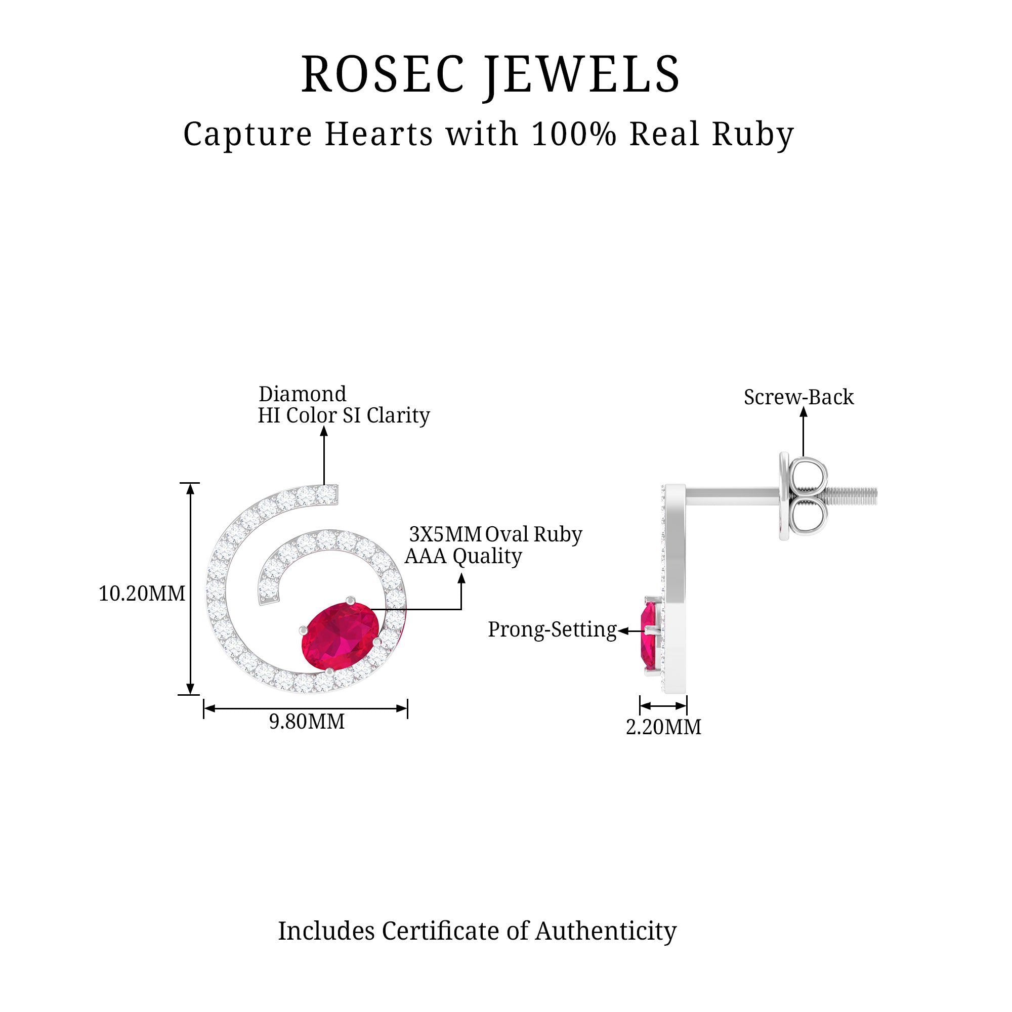 Spiral Stud Earring with Ruby and Diamond Ruby - ( AAA ) - Quality - Rosec Jewels