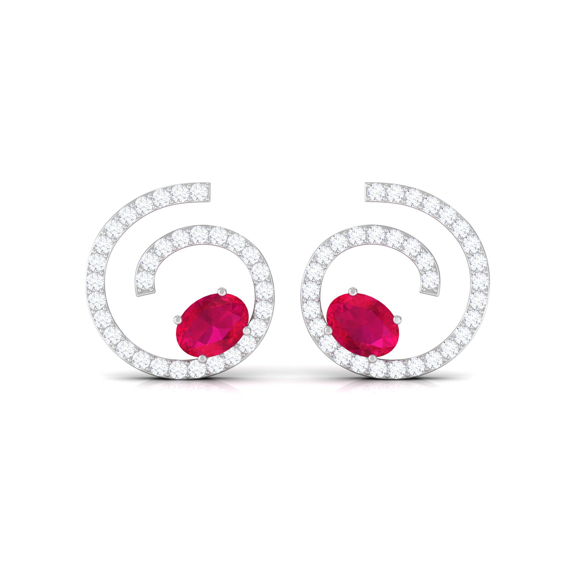 Spiral Stud Earring with Ruby and Diamond Ruby - ( AAA ) - Quality - Rosec Jewels