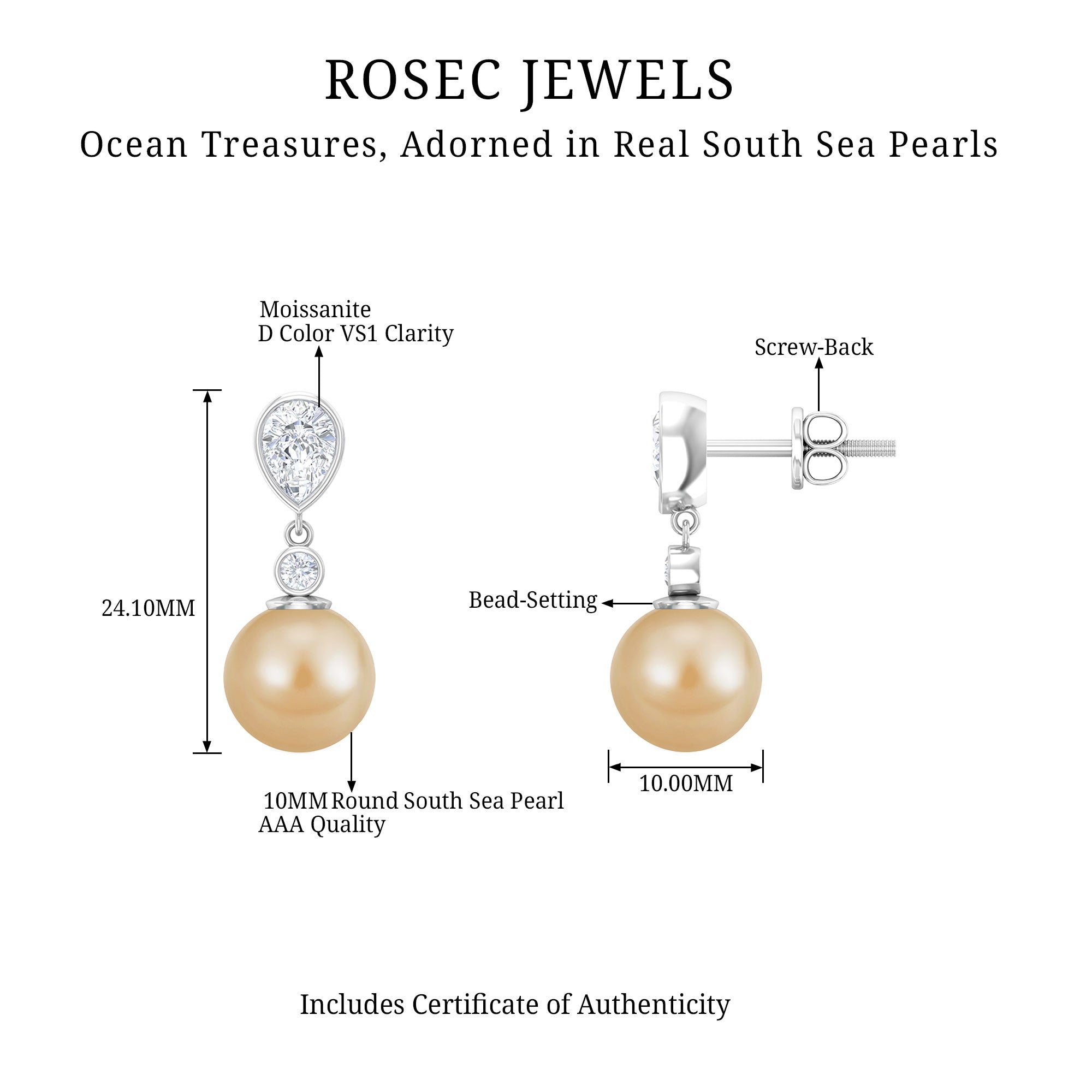 16.75 CT South Sea Pearl Drop Earrings with Moissanite South Sea Pearl - ( AAA ) - Quality - Rosec Jewels