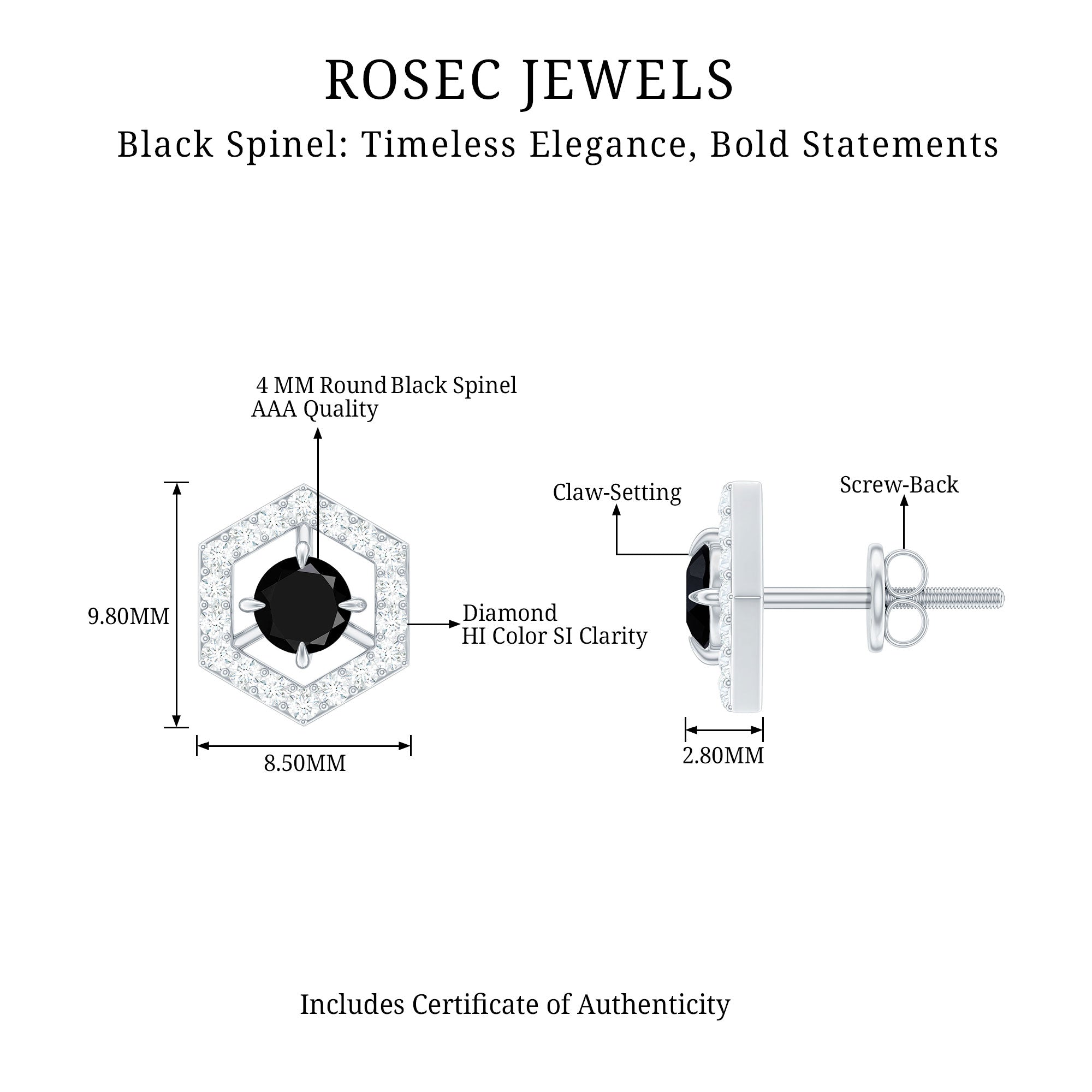 1 CT Minimal Black Spinel and Diamond Geometric Stud Earrings Black Spinel - ( AAA ) - Quality - Rosec Jewels