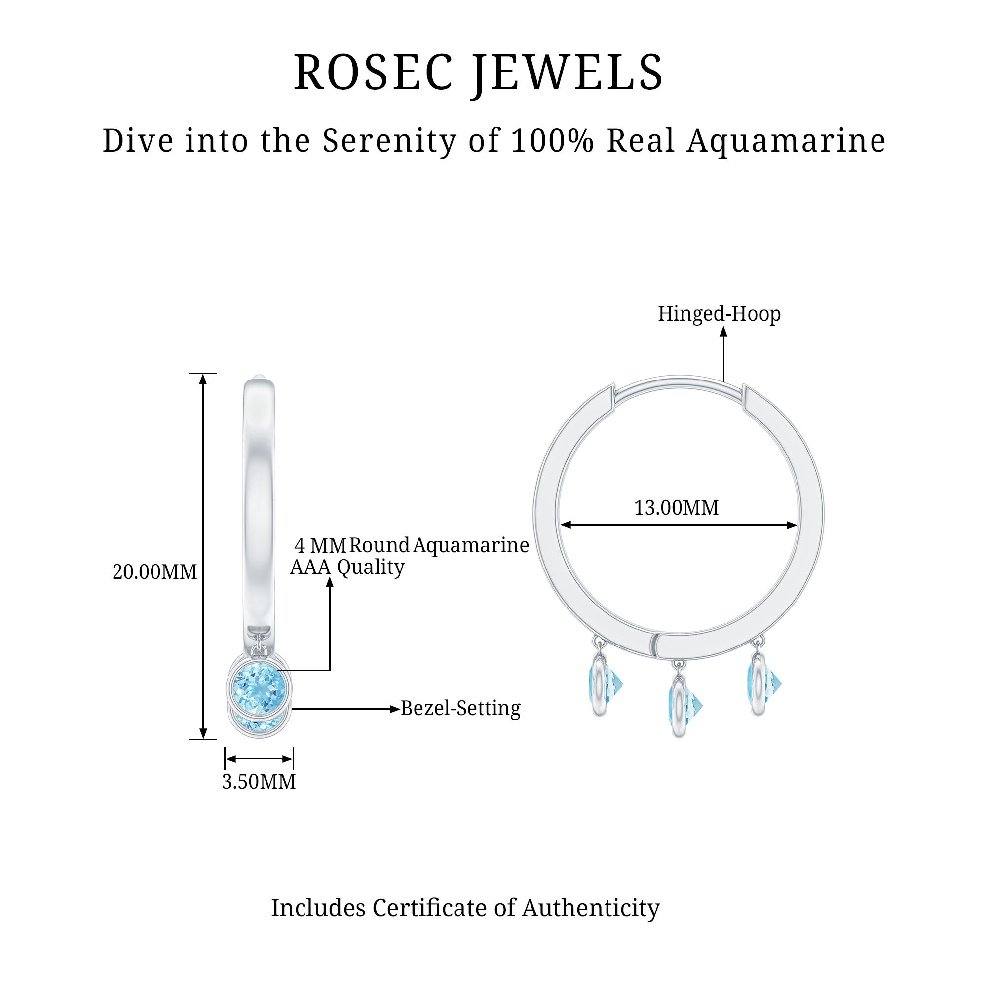 Three Stone Aquamarine Gold Hoop Earring in Bezel Setting Aquamarine - ( AAA ) - Quality - Rosec Jewels