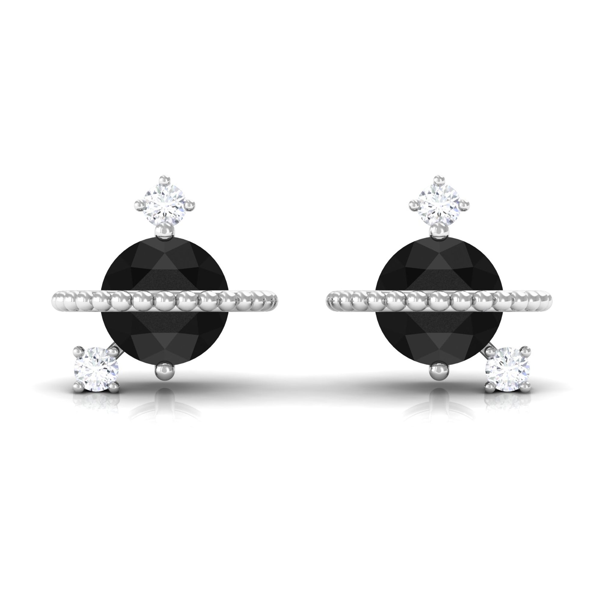 Black Onyx and Diamond Contemporary Stud Earrings Black Onyx - ( AAA ) - Quality - Rosec Jewels