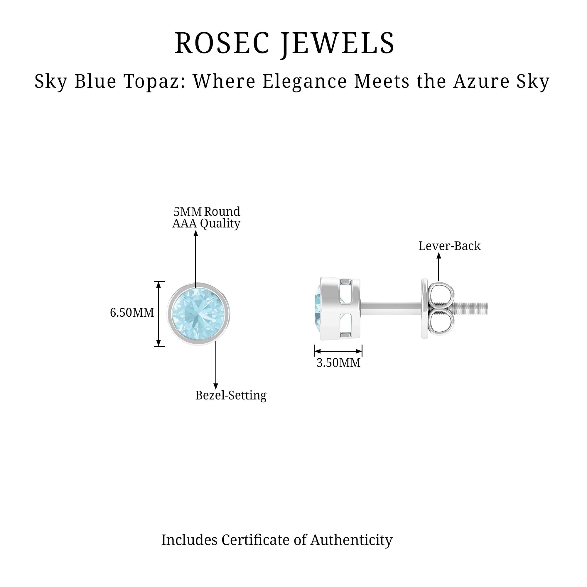 Sky Blue Topaz Solitaire Stud Earrings in Bezel Setting Sky Blue Topaz - ( AAA ) - Quality - Rosec Jewels