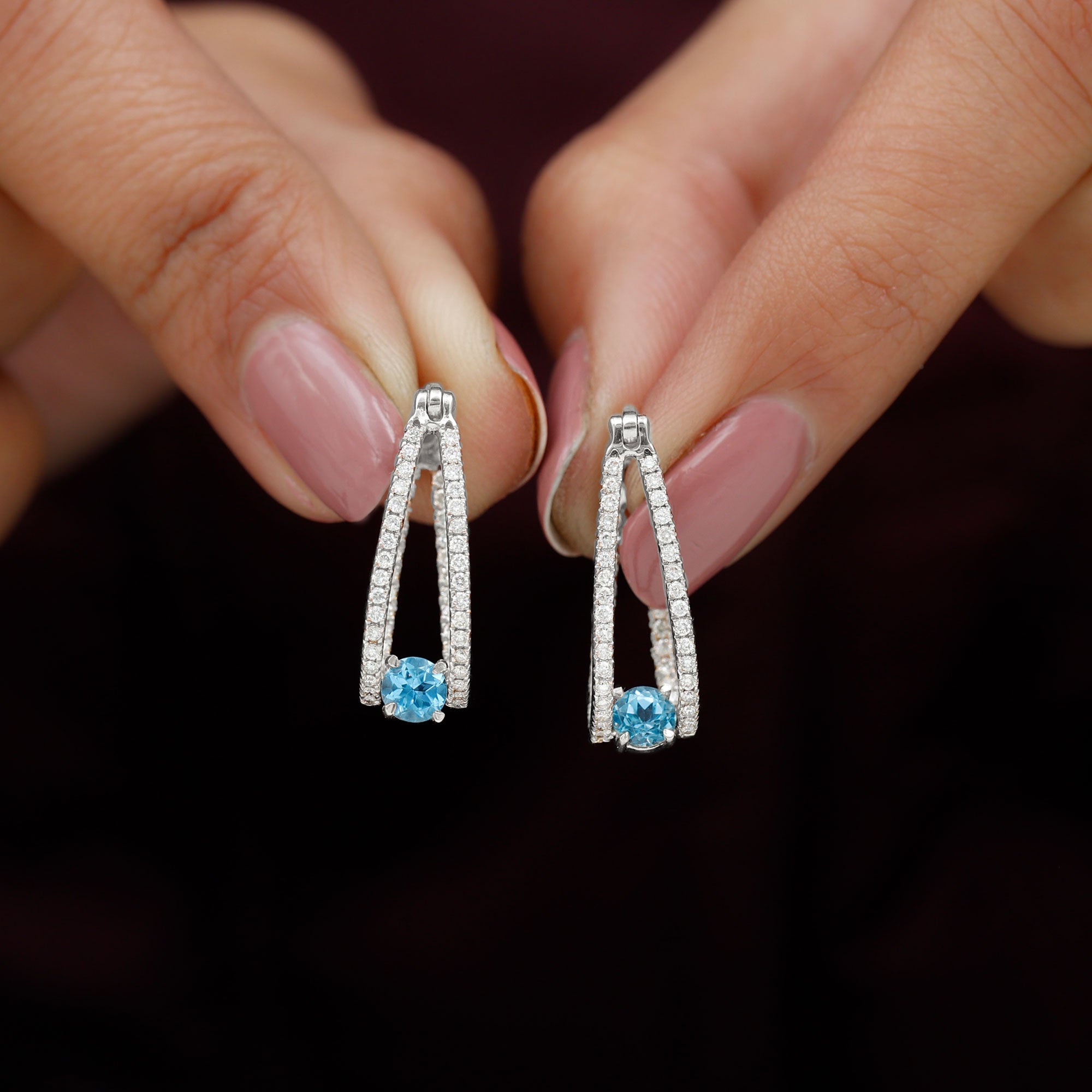 1.75 CT Swiss Blue Topaz and Diamond Statement J Hoop Earrings Swiss Blue Topaz - ( AAA ) - Quality - Rosec Jewels