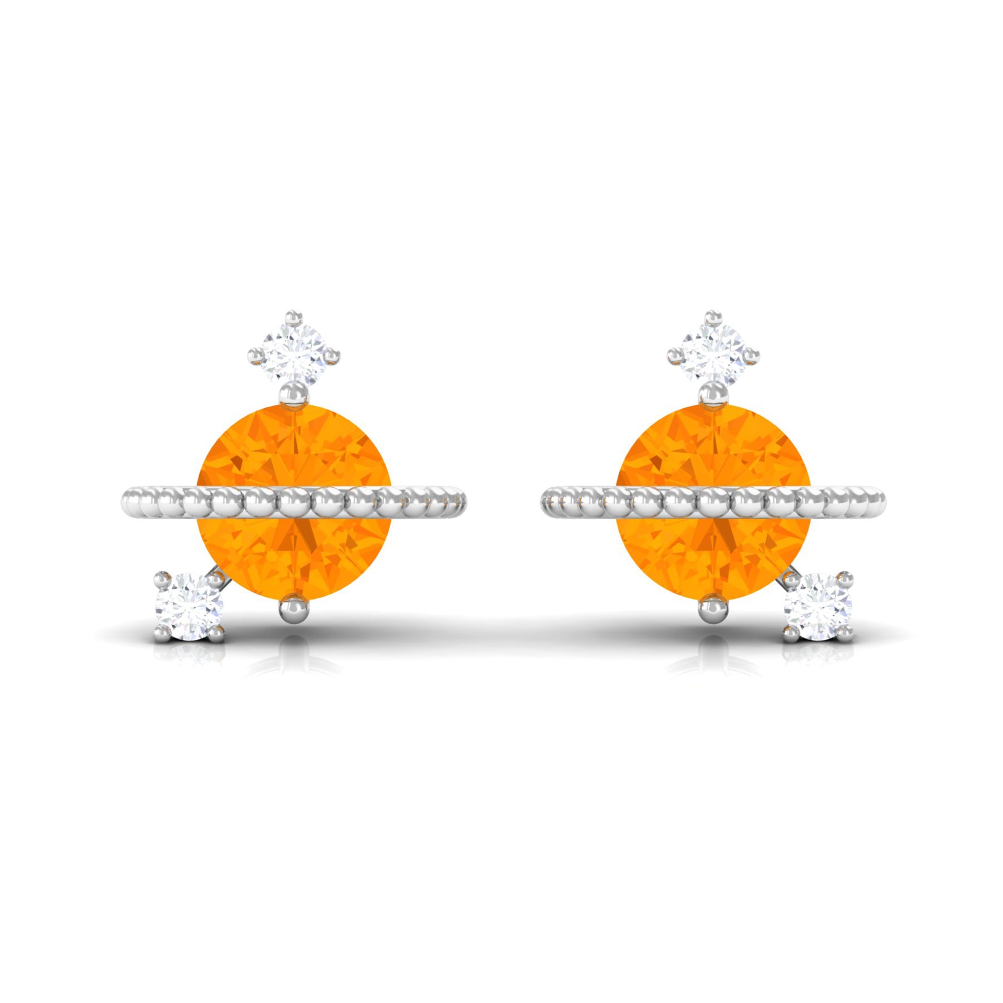 Fire Opal Contemporary Celestial Stud Earrings with Diamond Fire Opal - ( AAA ) - Quality - Rosec Jewels