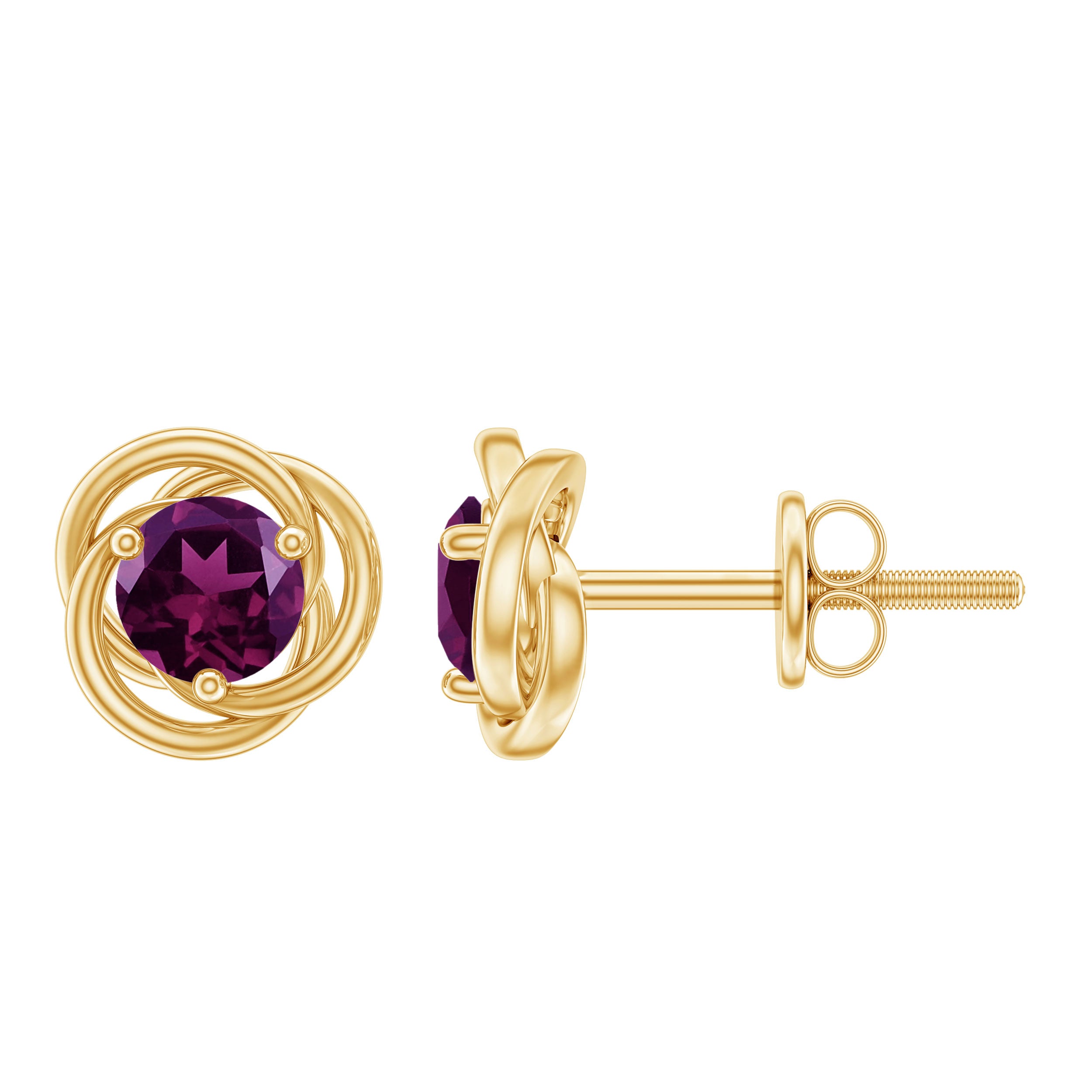 1.25 CT Solitaire Rhodolite and Gold Swirl Stud Earrings Rhodolite - ( AAA ) - Quality - Rosec Jewels