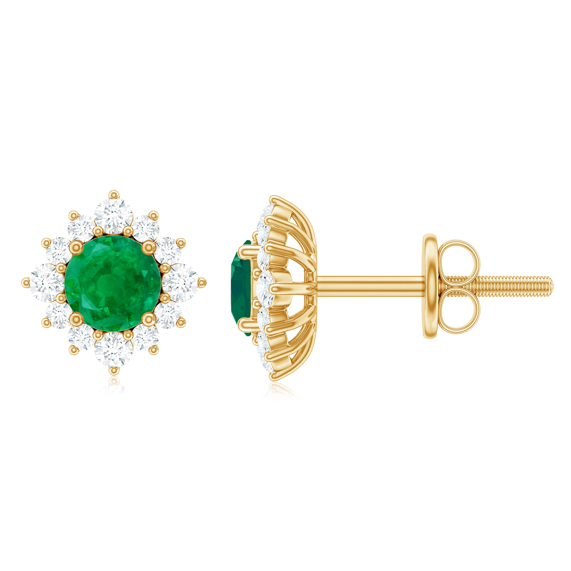 1 CT Emerald Classic Stud Earrings with Diamond Halo Emerald - ( AAA ) - Quality - Rosec Jewels