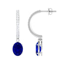 Oval Created Blue Sapphire Hoop Drop Earrings with Moissanite Lab Created Blue Sapphire - ( AAAA ) - Quality - Rosec Jewels