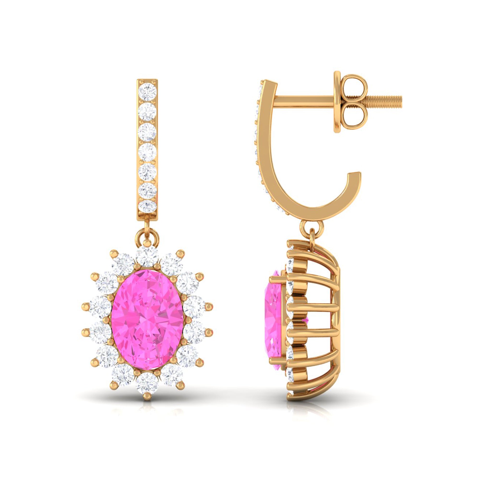 Oval Pink Sapphire and Diamond Sunburst J Hoop Drop Earrings Pink Sapphire - ( AAA ) - Quality - Rosec Jewels