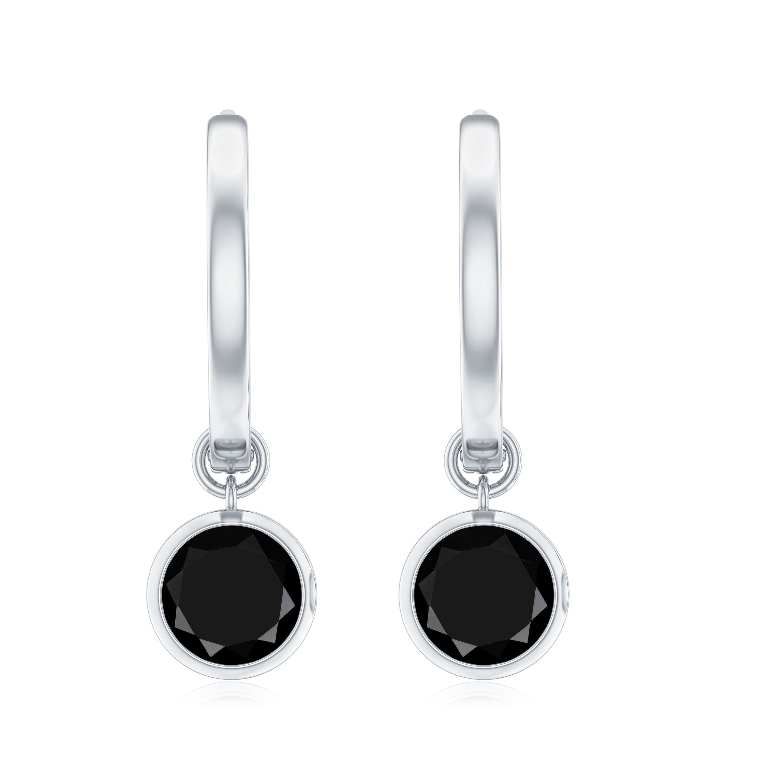 6 MM Round Black Spinel Solitaire Hoop Drop Earrings in Bezel Setting Black Spinel - ( AAA ) - Quality - Rosec Jewels