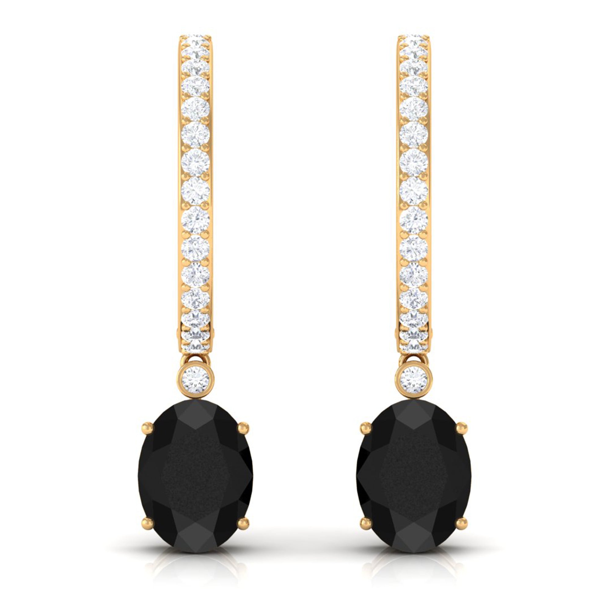 Oval Black Onyx and Diamond Hoop Drop Earrings Black Onyx - ( AAA ) - Quality - Rosec Jewels