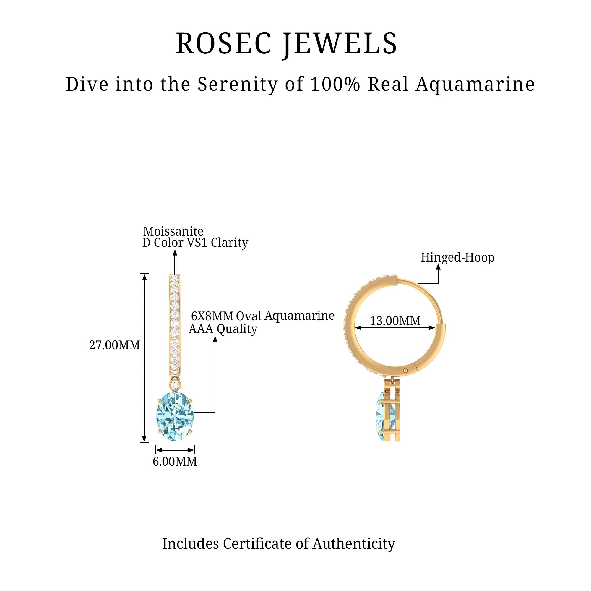 3.25 CT Oval Cut Aquamarine Hoop Drop Earrings with Moissanite Aquamarine - ( AAA ) - Quality - Rosec Jewels