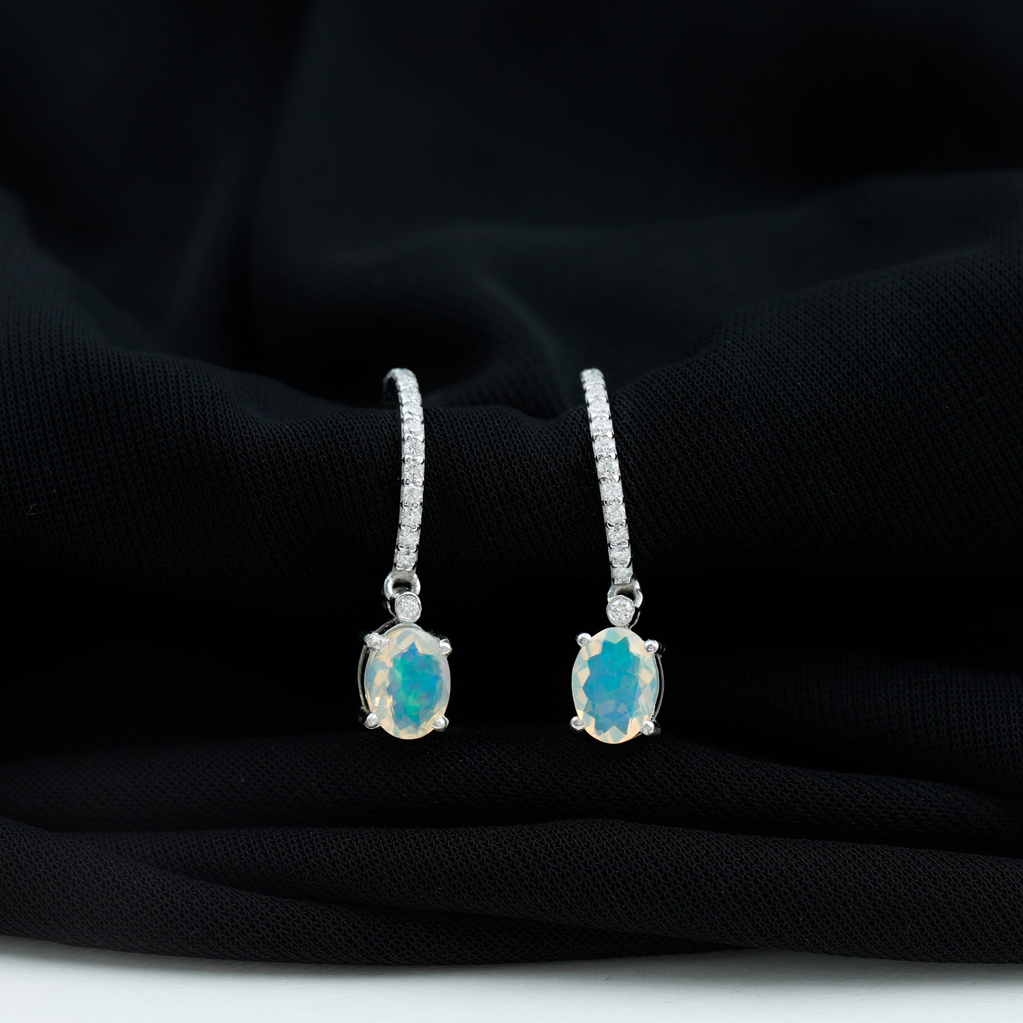 Oval Ethiopian Opal Silver Drop Earrings with Moissanite Hoop - Rosec Jewels