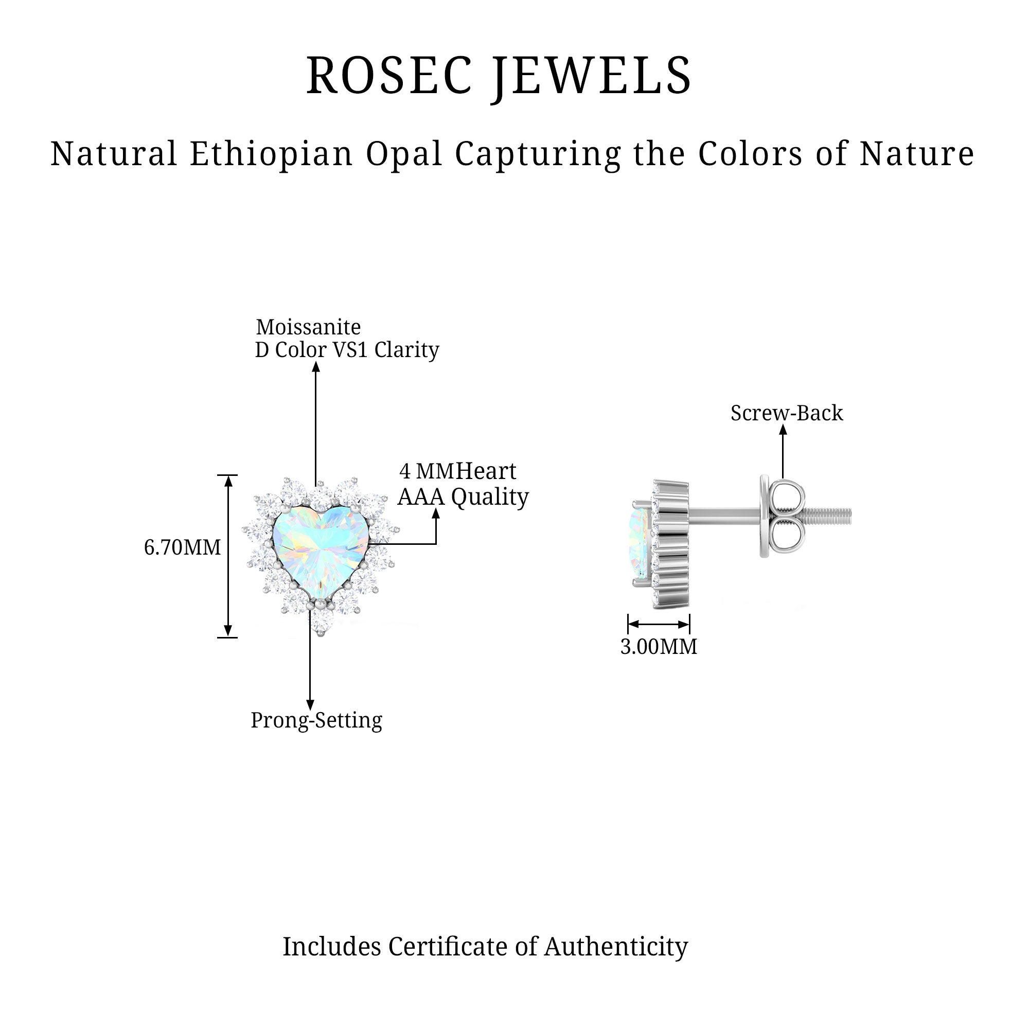 Heart Shape Ethiopian Opal Silver Stud Earrings with Moissanite Halo Ethiopian Opal - ( AAA ) - Quality 92.5 Sterling Silver - Rosec Jewels
