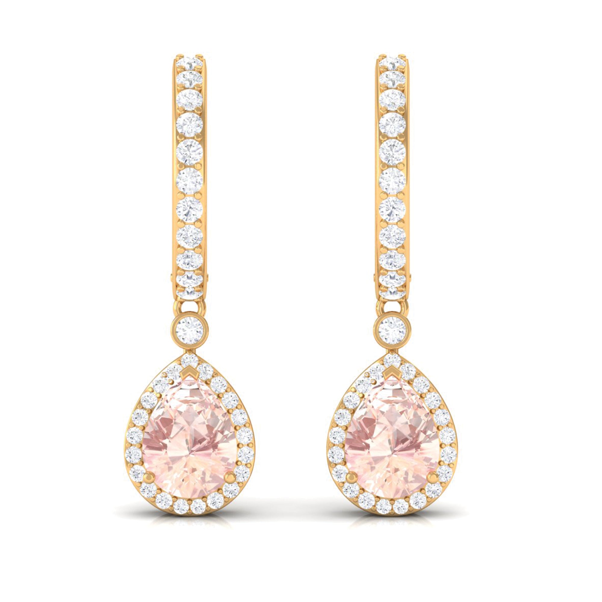 Pear Cut Morganite Hoop Drop Earrings with Diamond Halo Morganite - ( AAA ) - Quality - Rosec Jewels