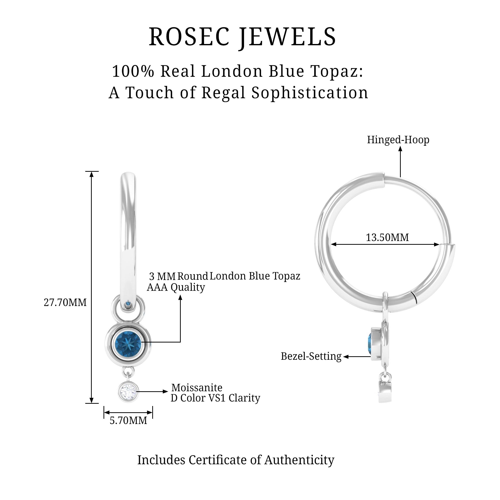 Bezel Set London Blue Topaz and Moissanite Hoop Drop Earrings in Gold London Blue Topaz - ( AAA ) - Quality - Rosec Jewels