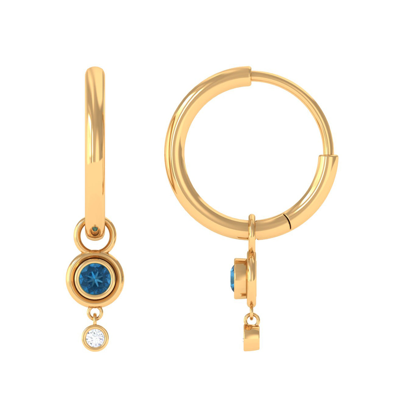 Bezel Set London Blue Topaz and Moissanite Hoop Drop Earrings in Gold London Blue Topaz - ( AAA ) - Quality - Rosec Jewels