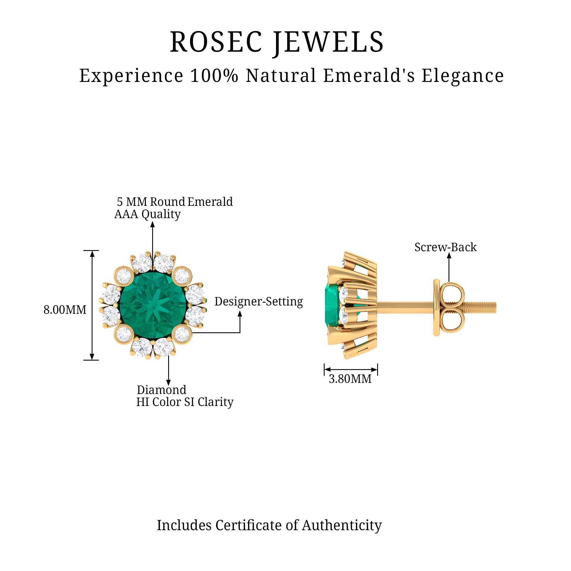 1.50 CT Emerald Classic Stud Earrings with Diamond Accent Emerald - ( AAA ) - Quality - Rosec Jewels