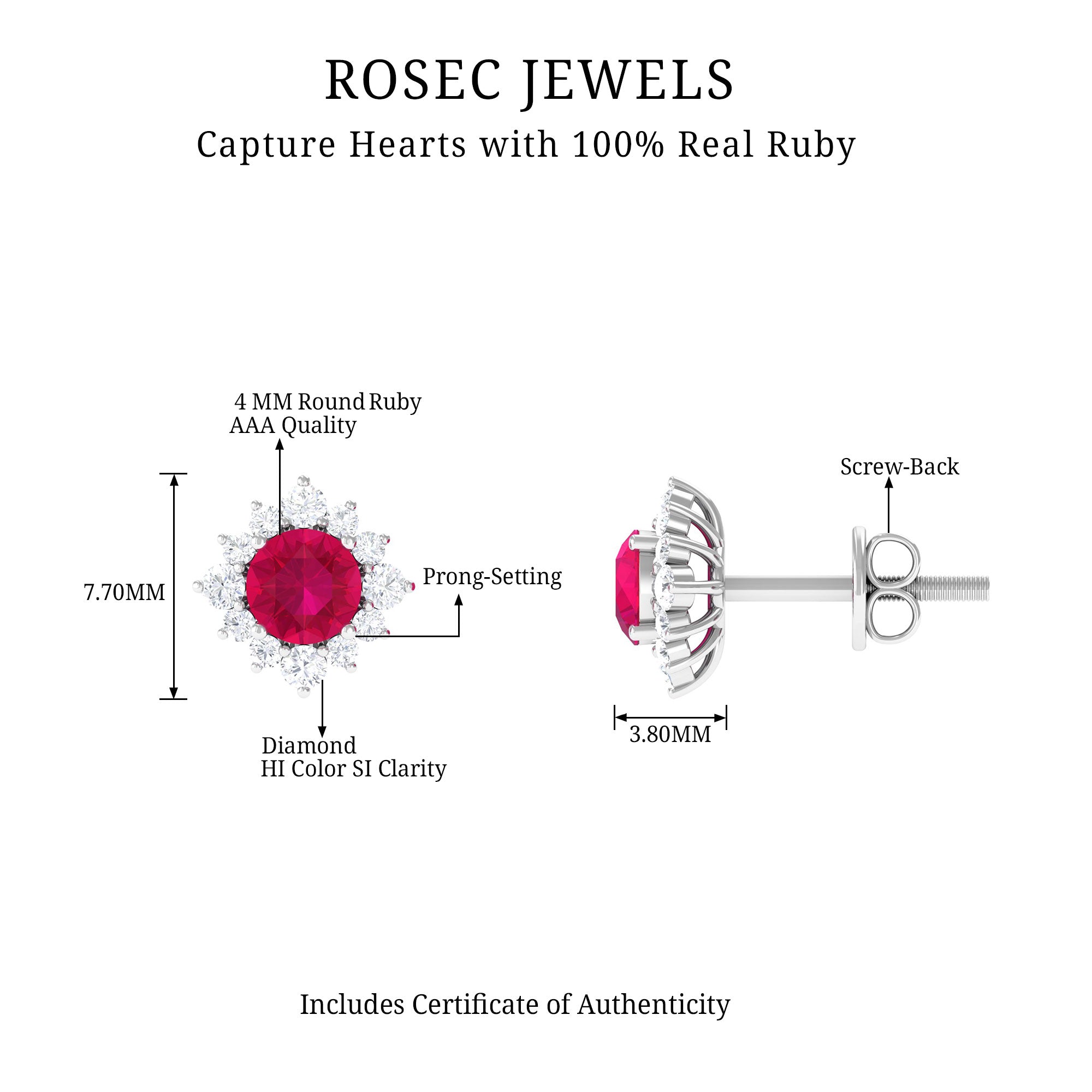 Classic Ruby Stud Earrings with Diamond Halo Ruby - ( AAA ) - Quality - Rosec Jewels