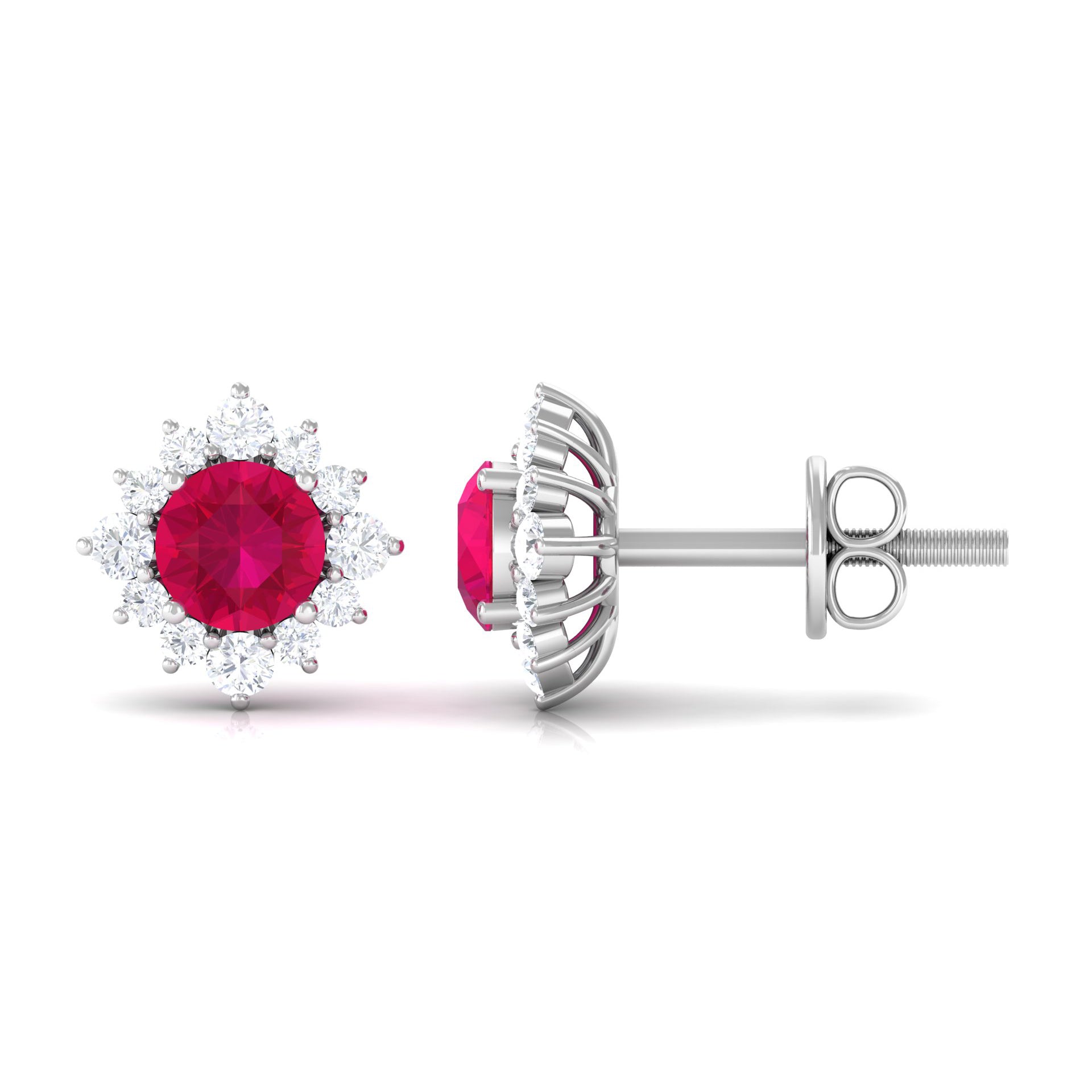 Classic Ruby Stud Earrings with Diamond Halo Ruby - ( AAA ) - Quality - Rosec Jewels